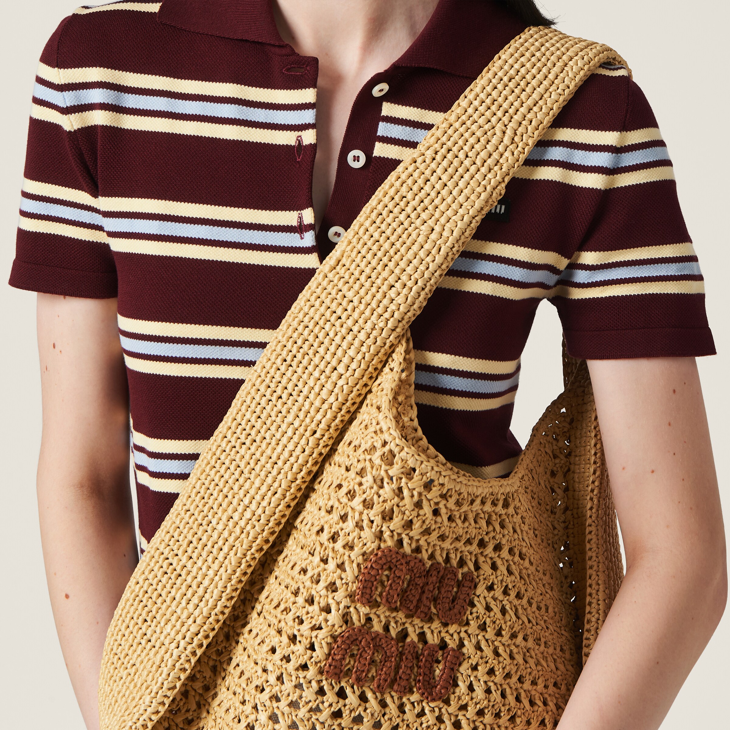 Beige/cognac Woven Fabric Hobo Bag | Miu Miu