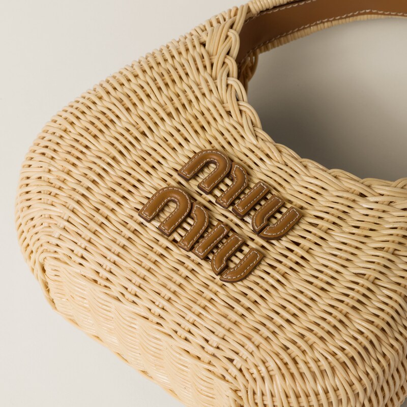 WANDER WICKER HOBO BAG 13 IN TAN BROWN HANDWOVEN WITH WHITE CALFSKIN LOGO