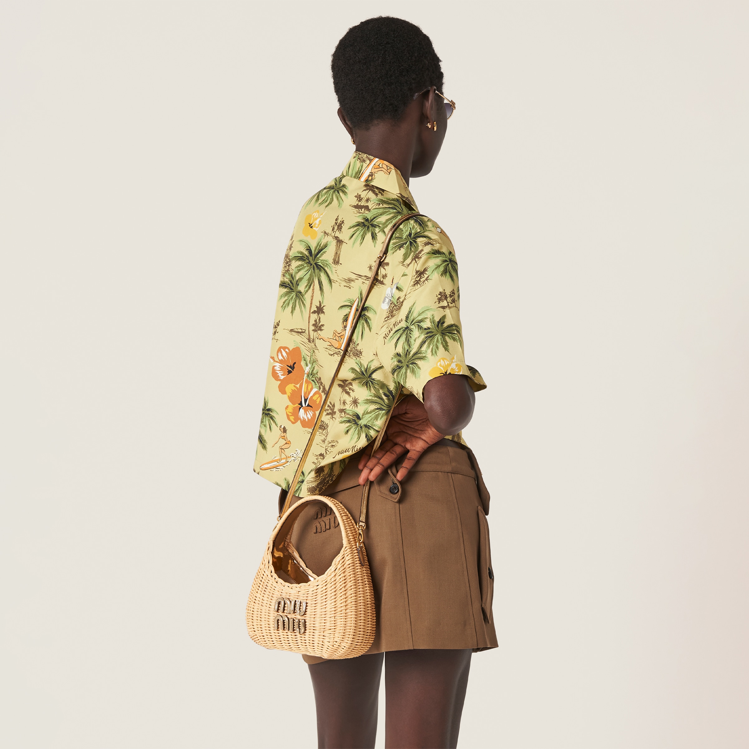 Natural Platinum Wander Woven Raffia effect Yarn Hobo Bag With Leather Details Miu Miu