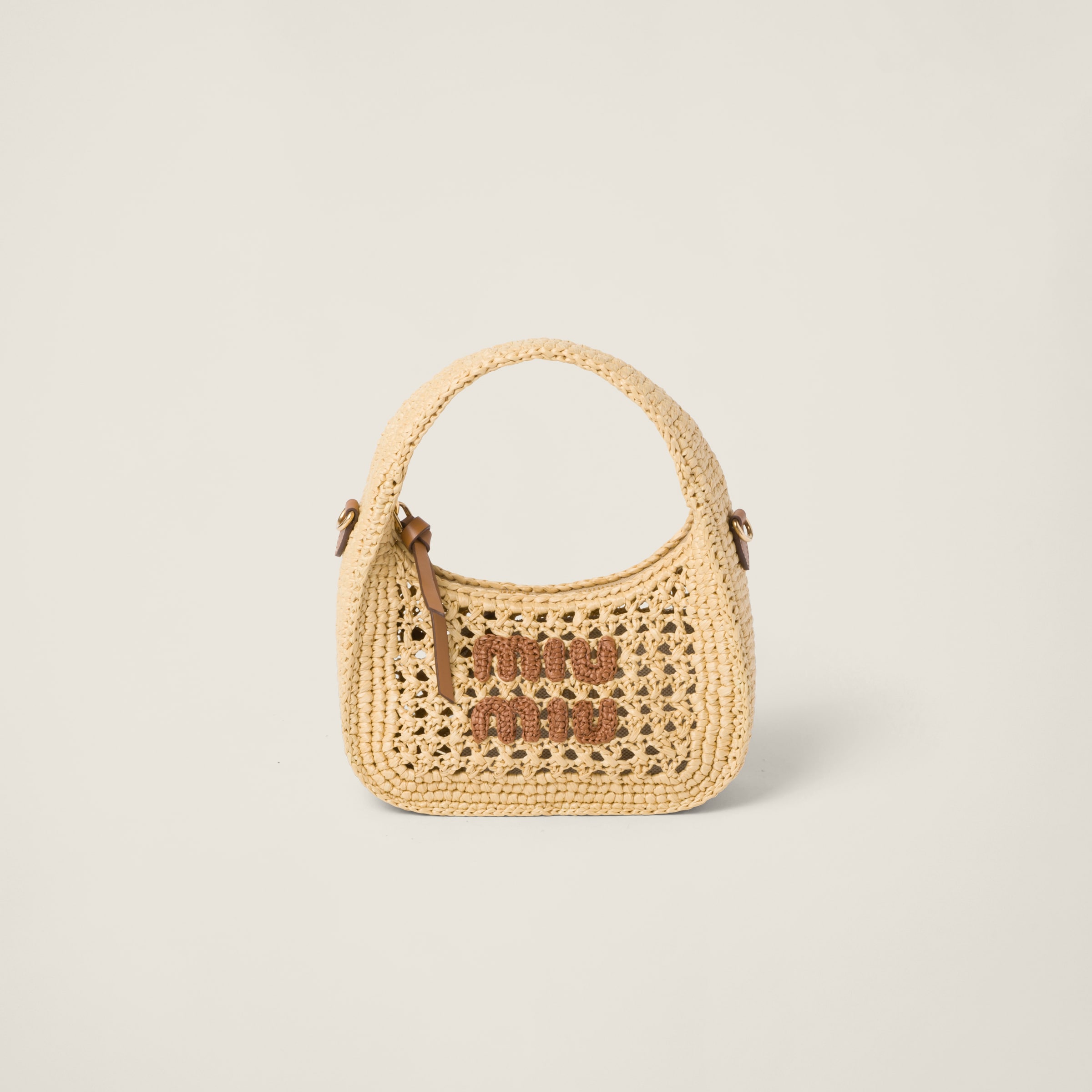 Miumiu Wander Woven Fabric Hobo Bag In Beige/cognac