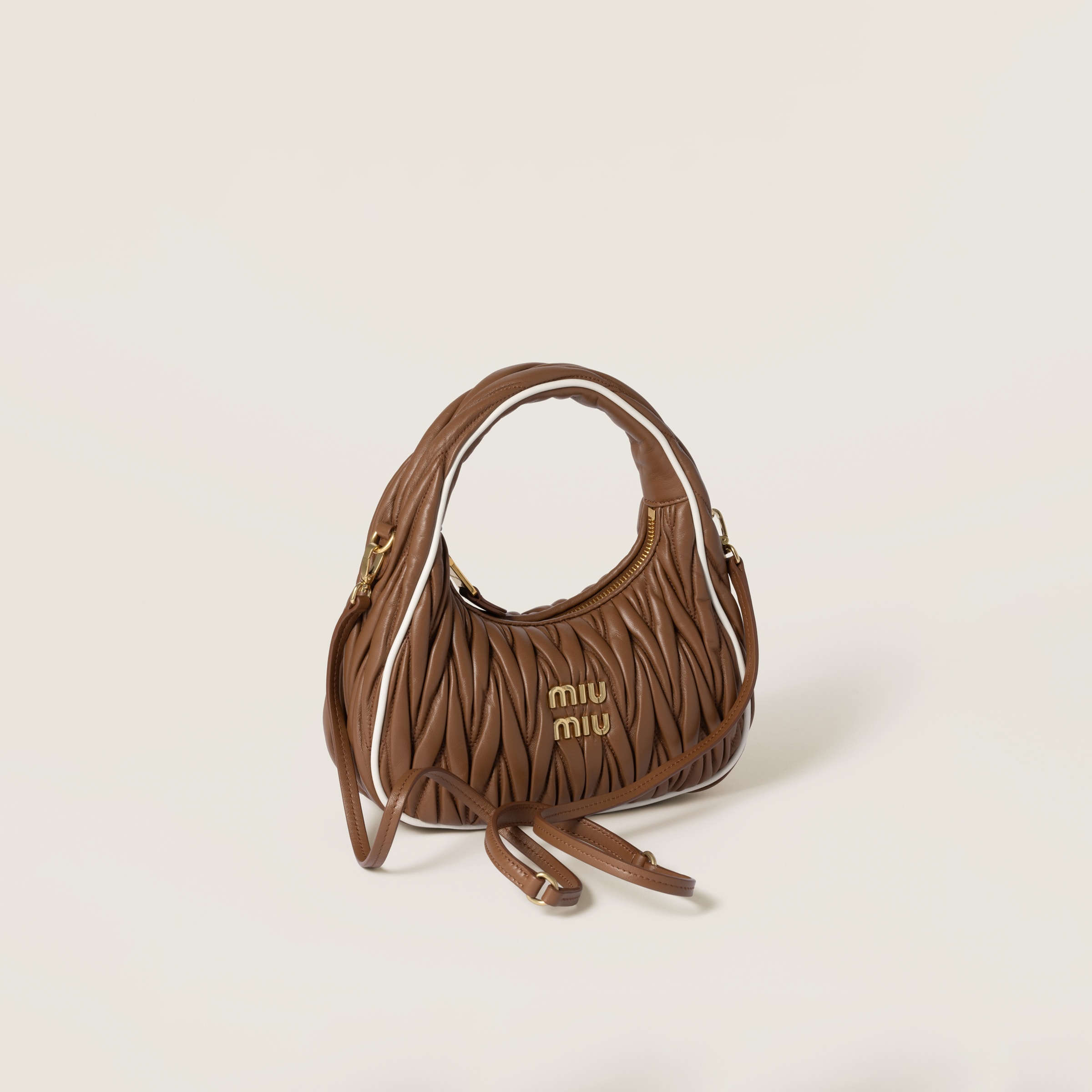 Miu Miu Wander Matelassé Nappa Leather Bag In Cognac/white