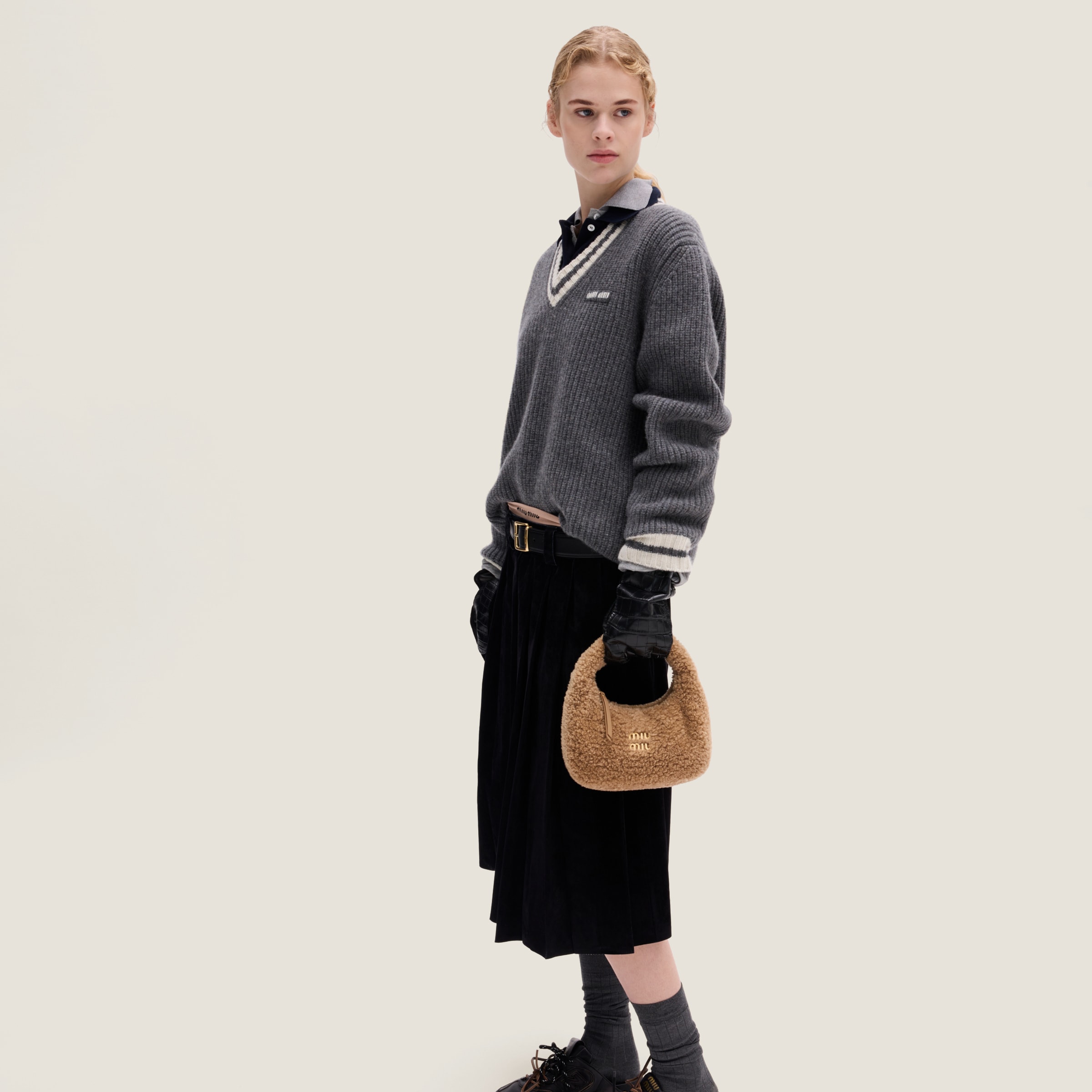 Miu Miu Wander Shearling Hobo Bag In Caramel