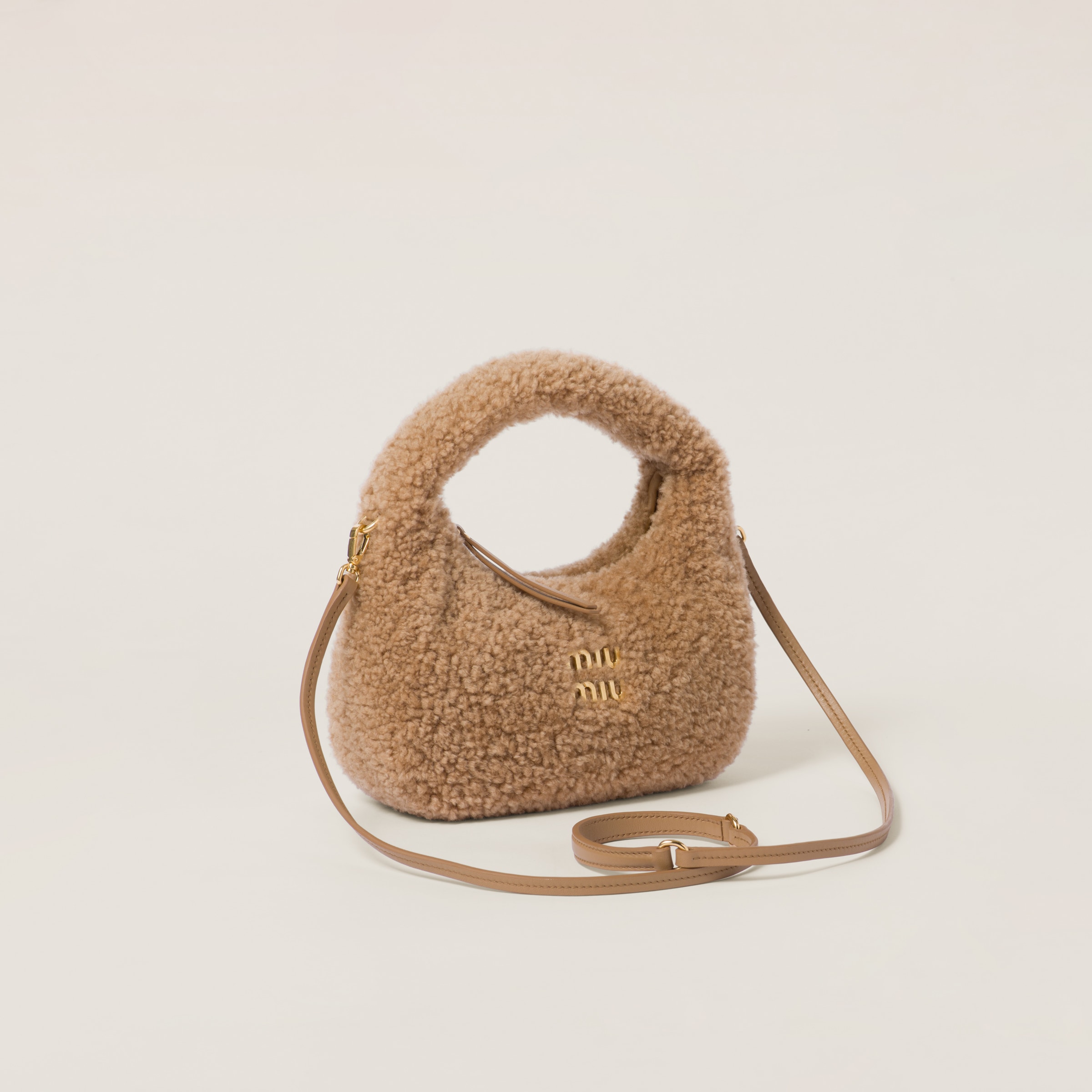 Miu Miu Wander Shearling Hobo Bag In Caramel