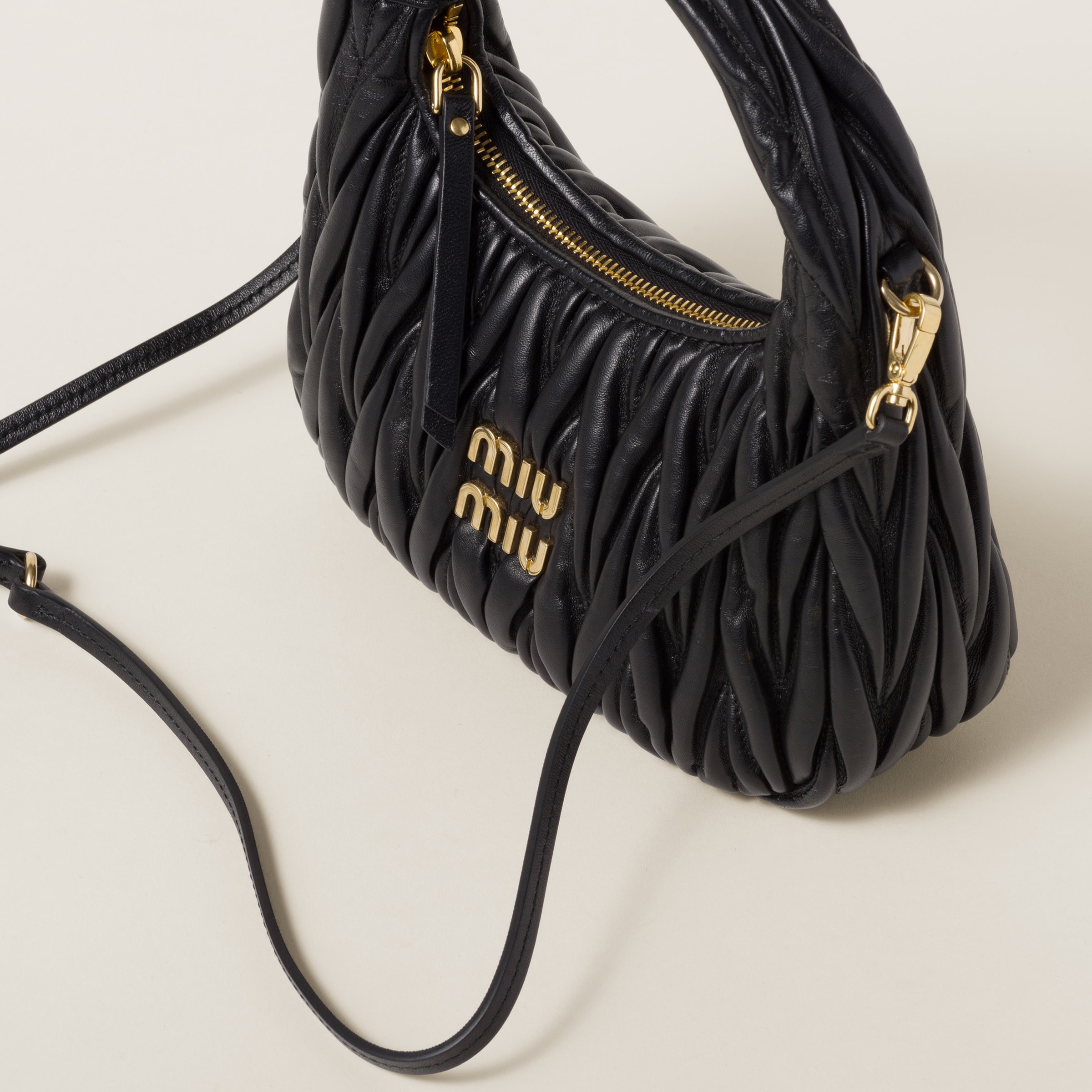 Black Wander Matelassé Nappa Leather Hobo Bag | Miu Miu Black Wander Matelassé Nappa Leather Hobo Bag | Miu Miu