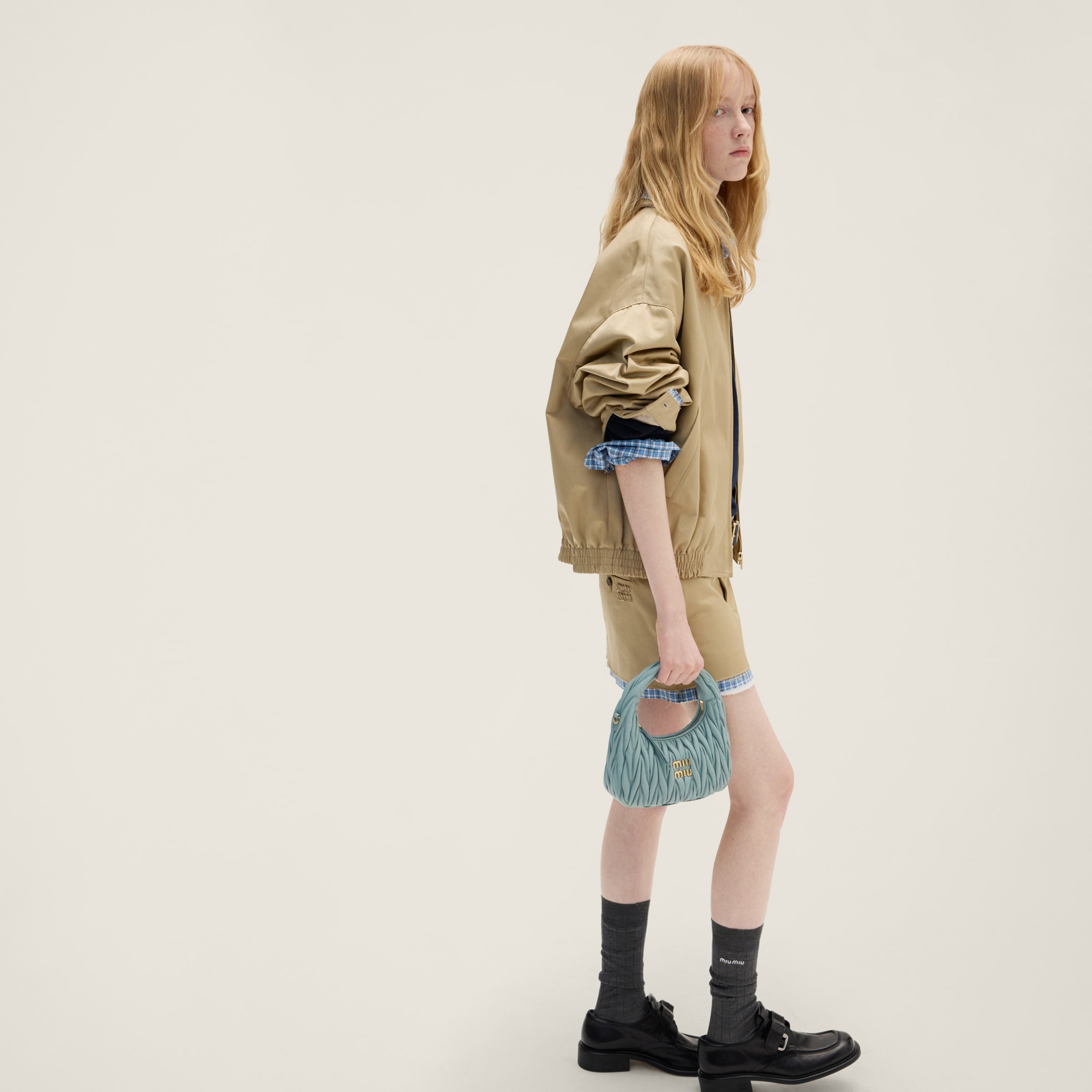 商品画像：Powder Blue Wander Matelassé Nappa Leather Hobo Bag | Miu Miu 1
