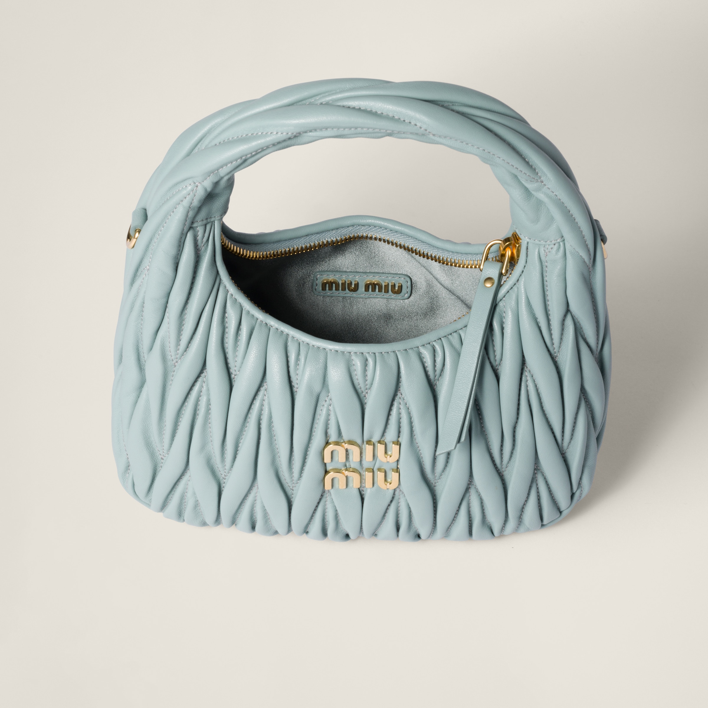 商品画像：Powder Blue Wander Matelassé Nappa Leather Hobo Bag | Miu Miu 1