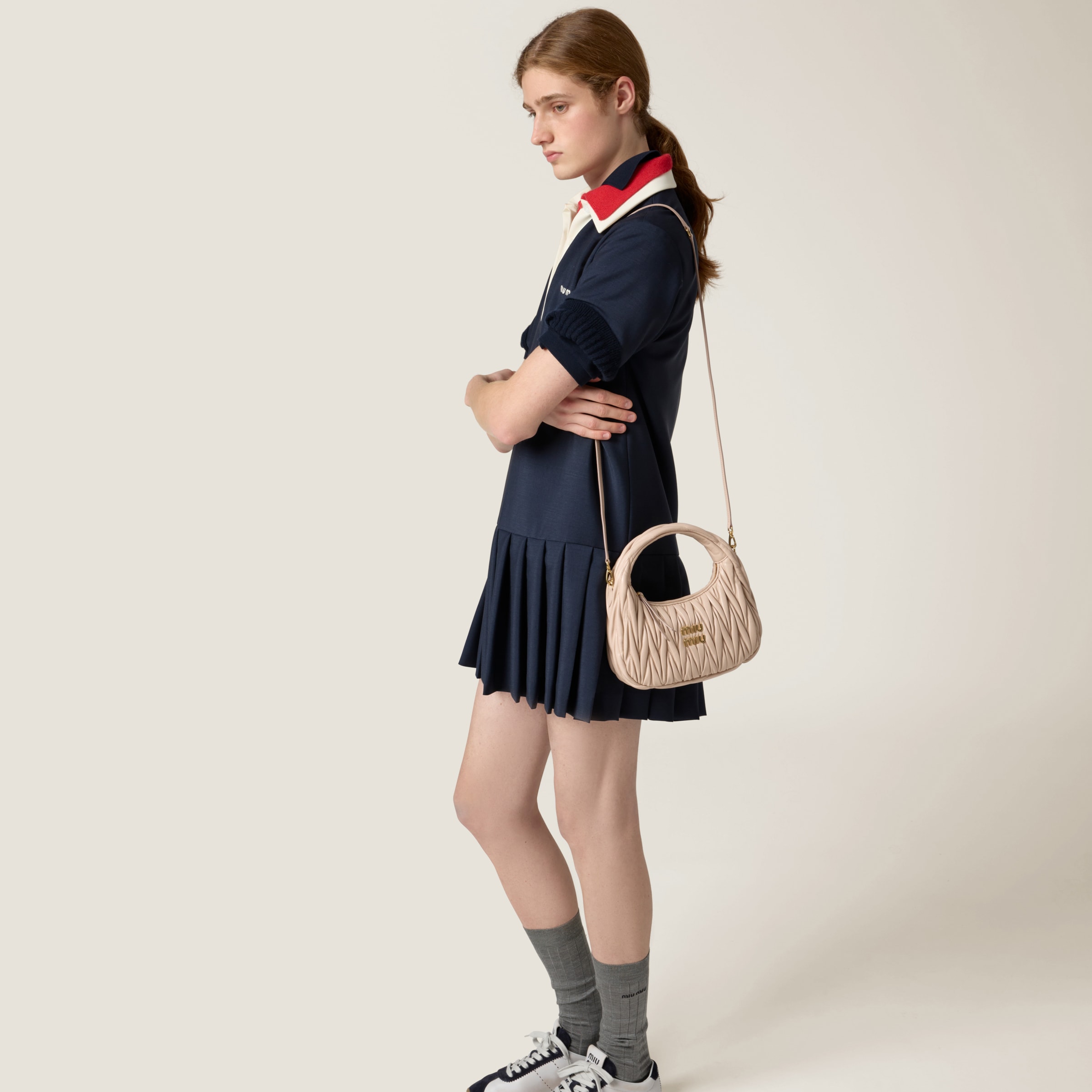 Powder Pink Wander Matelassé Nappa Leather Hobo Bag | Miu Miu