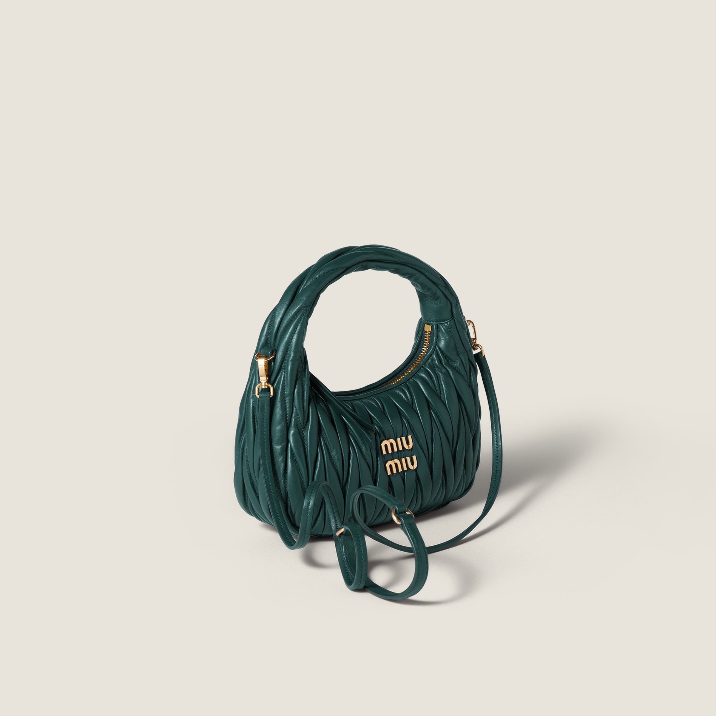 Emerald Green Wander Matelassé Nappa Leather Hobo Bag | Miu Miu
