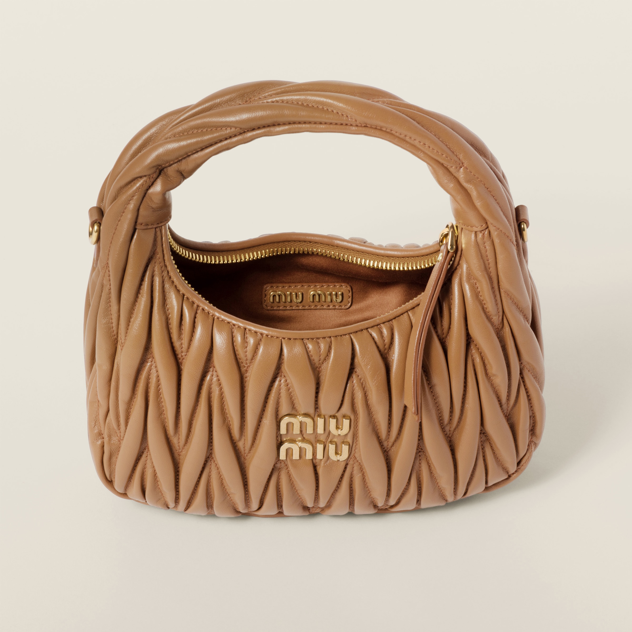 Caramel Wander Matelassé Nappa Leather Hobo Bag | Miu Miu