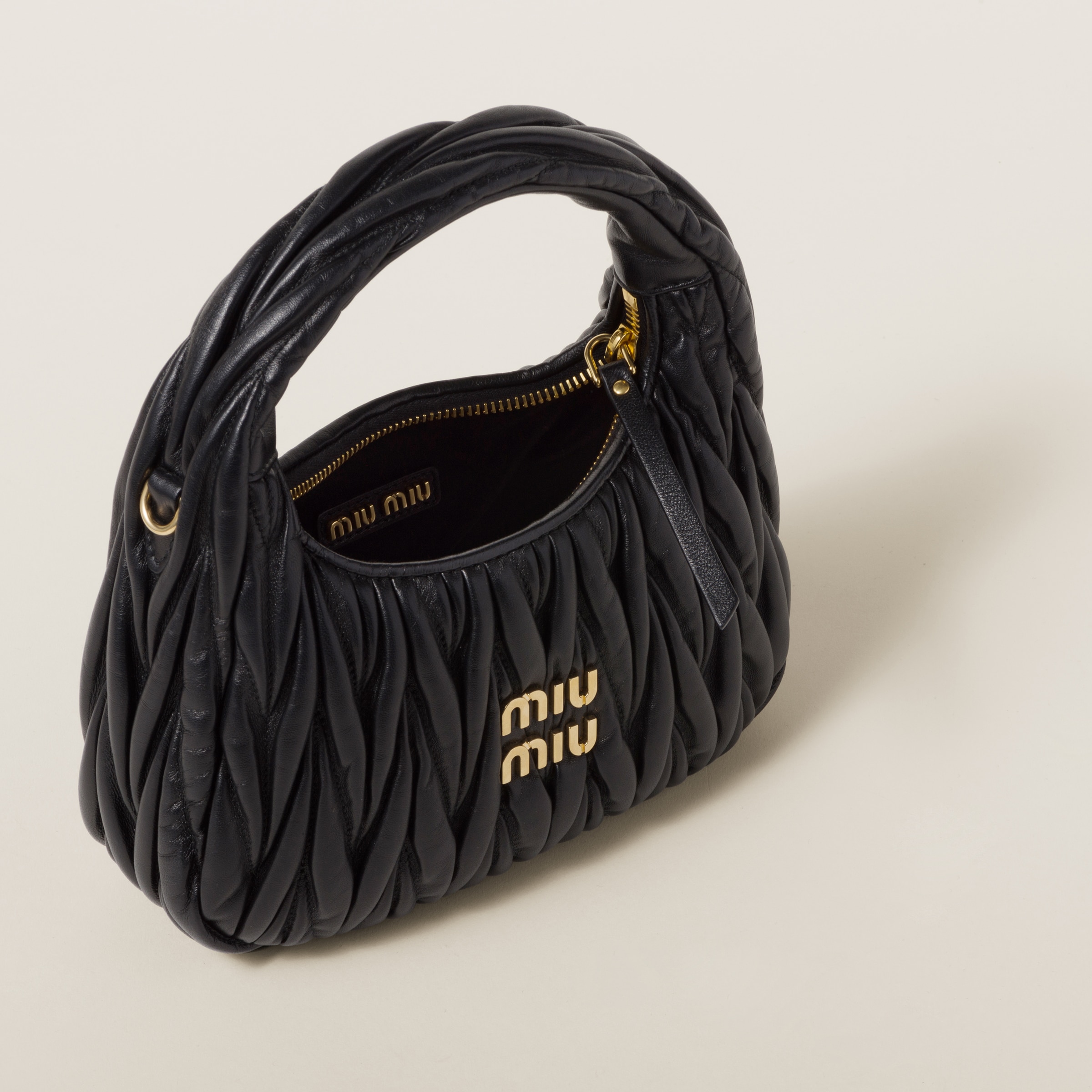 Black Wander Matelassé Nappa Leather Hobo Bag | Miu Miu