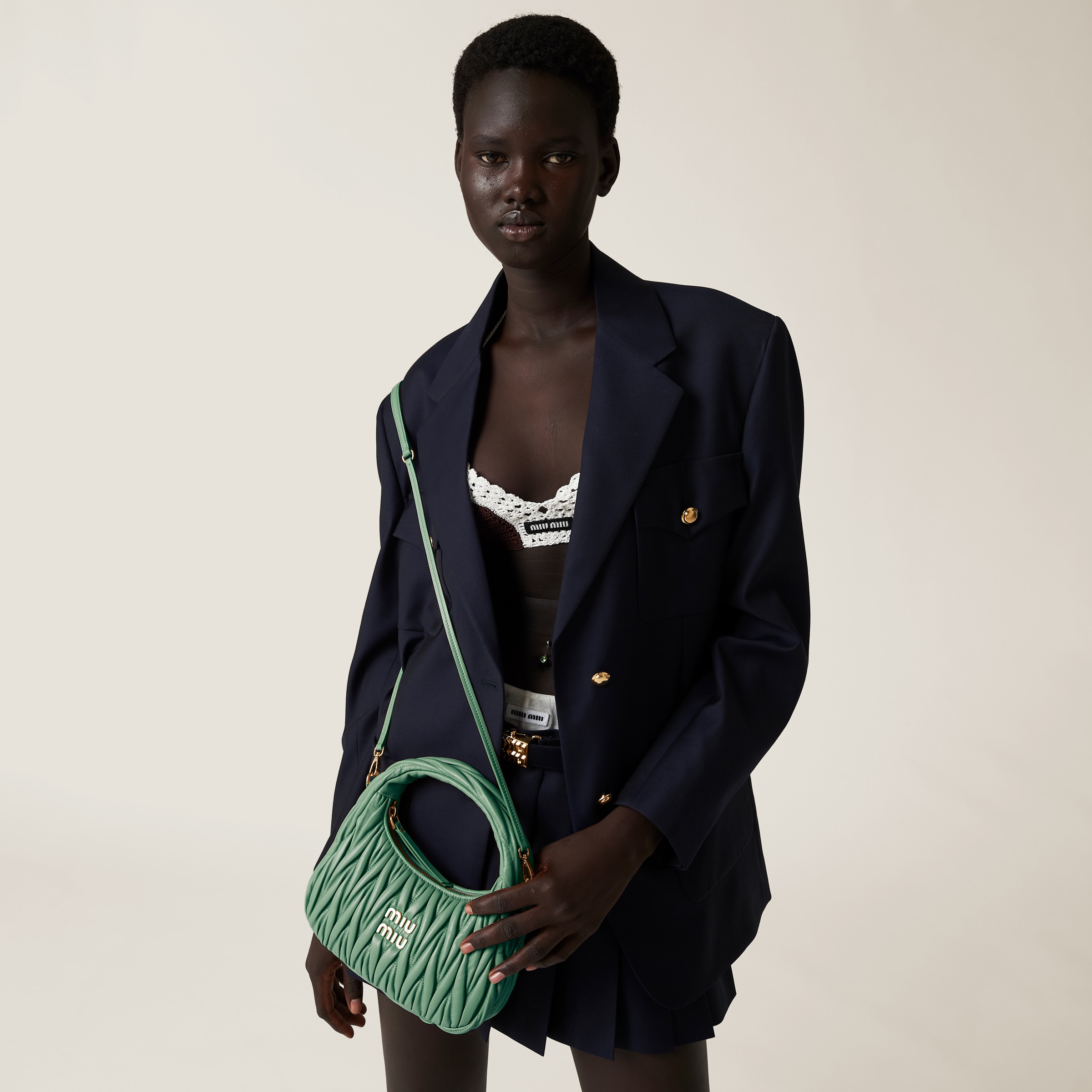 Sage Green Wander Matelassé Nappa Leather Hobo Bag | Miu Miu