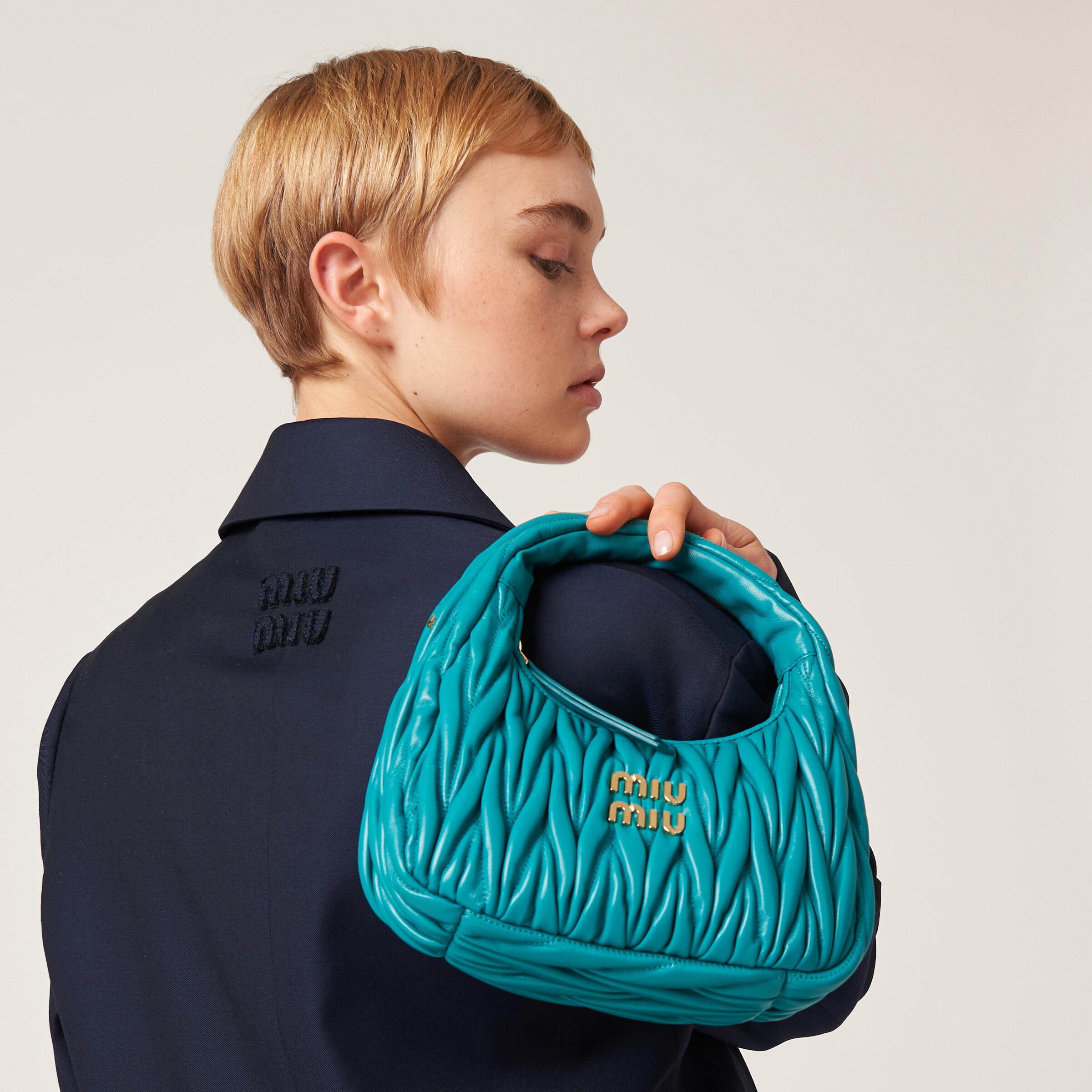 Peacock Blue Wander Matelassé Nappa Leather Hobo Bag | Miu Miu Peacock Blue Wander Matelassé Nappa Leather Hobo Bag | Miu Miu
