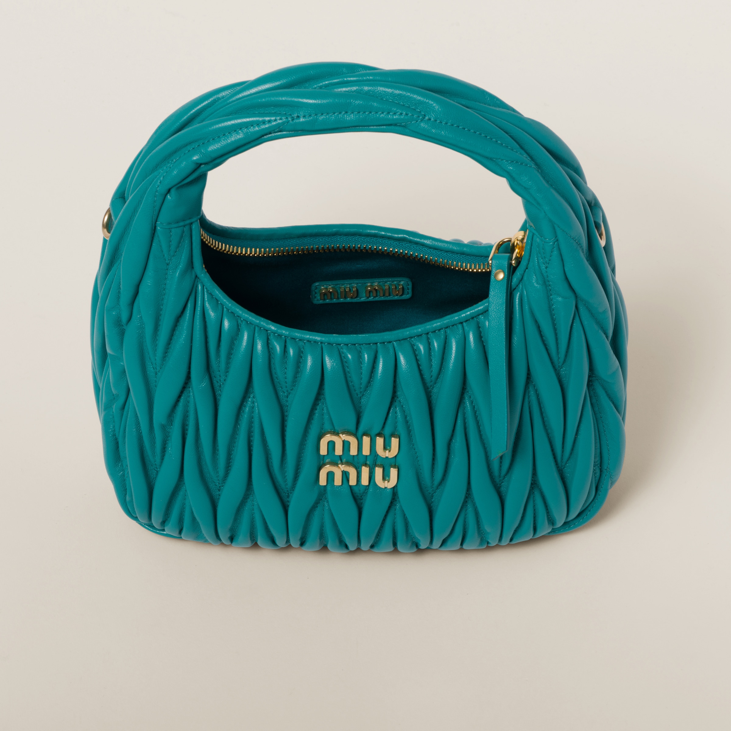 Peacock Blue Wander Matelasse Nappa Leather Hobo Bag Miu Miu