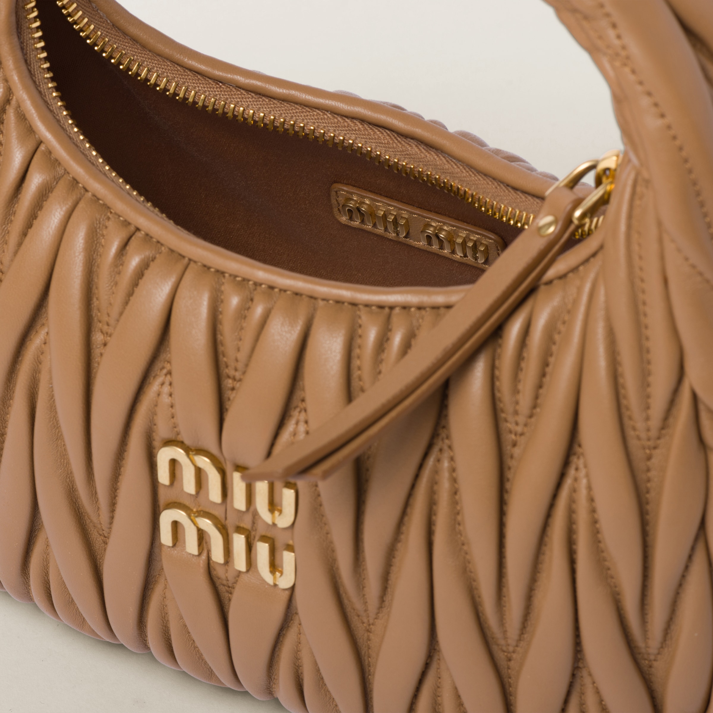 Caramel Wander Matelassé Nappa Leather Hobo Bag | Miu Miu