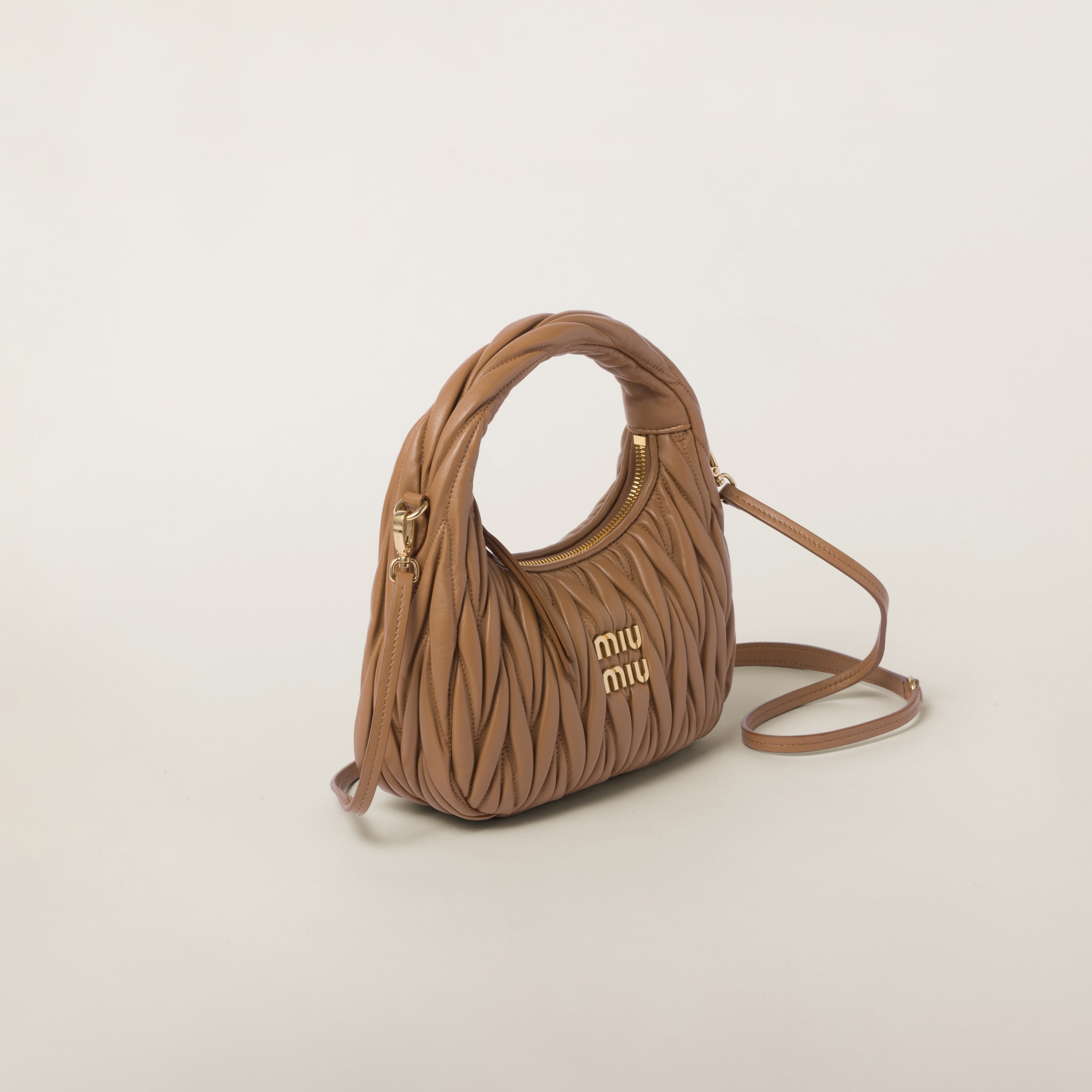 Caramel Wander Matelassé Nappa Leather Hobo Bag | Miu Miu