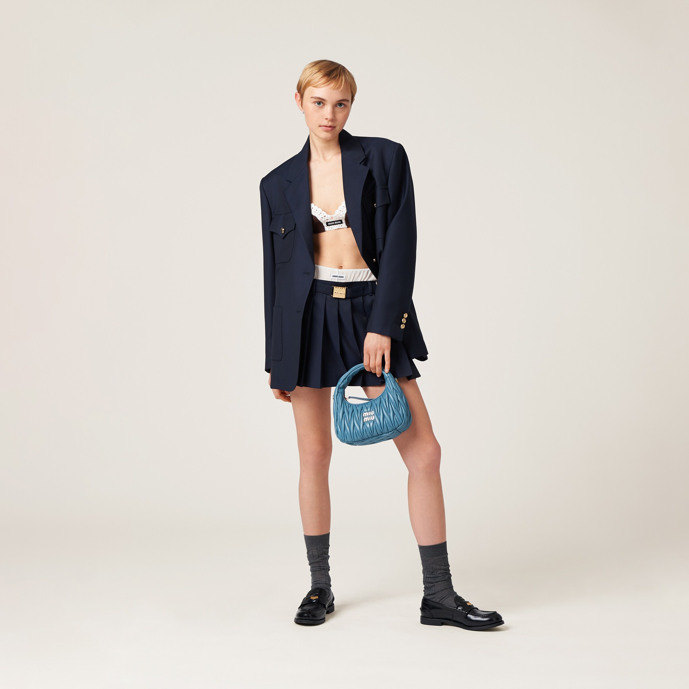 Marina Blue Wander Matelassé Nappa Leather Hobo Bag | Miu Miu