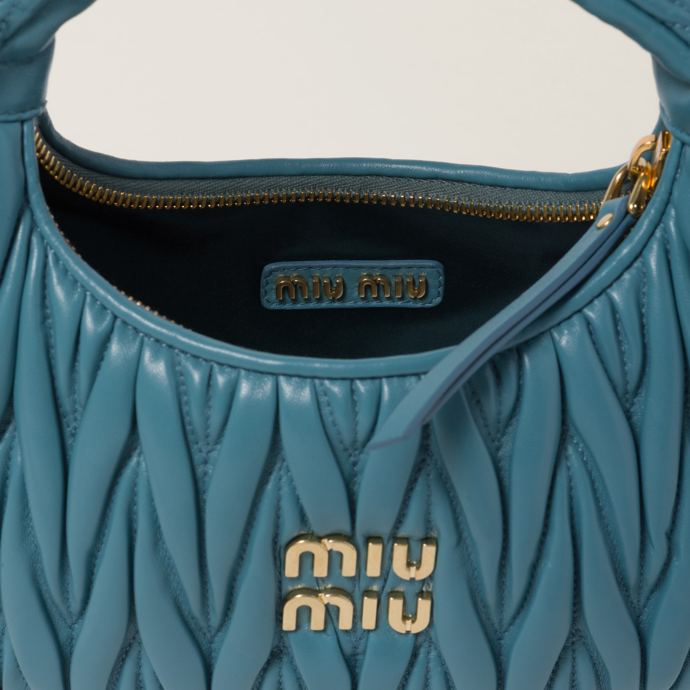 Marina Blue Wander Matelassé Nappa Leather Hobo Bag | Miu Miu