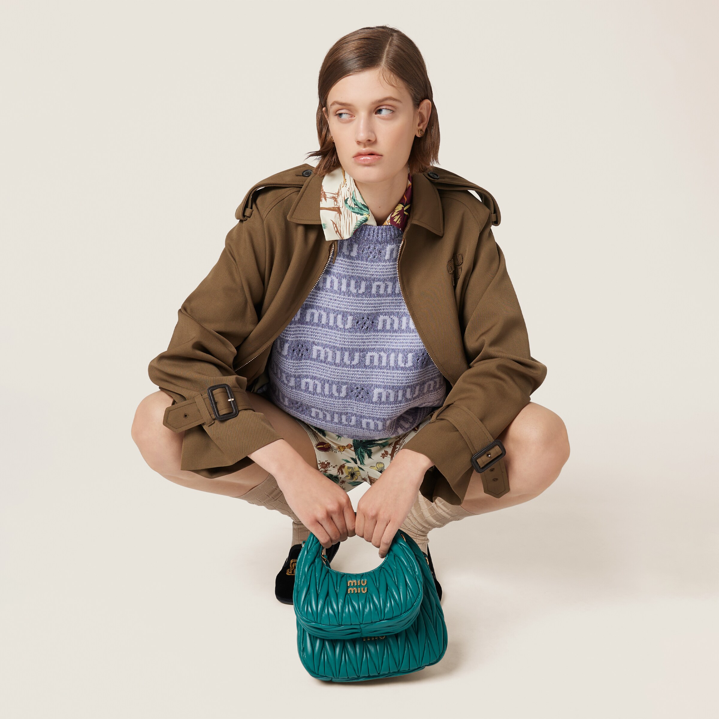 Lagoon Blue Wander Matelassé Nappa Leather Hobo Bag | Miu Miu