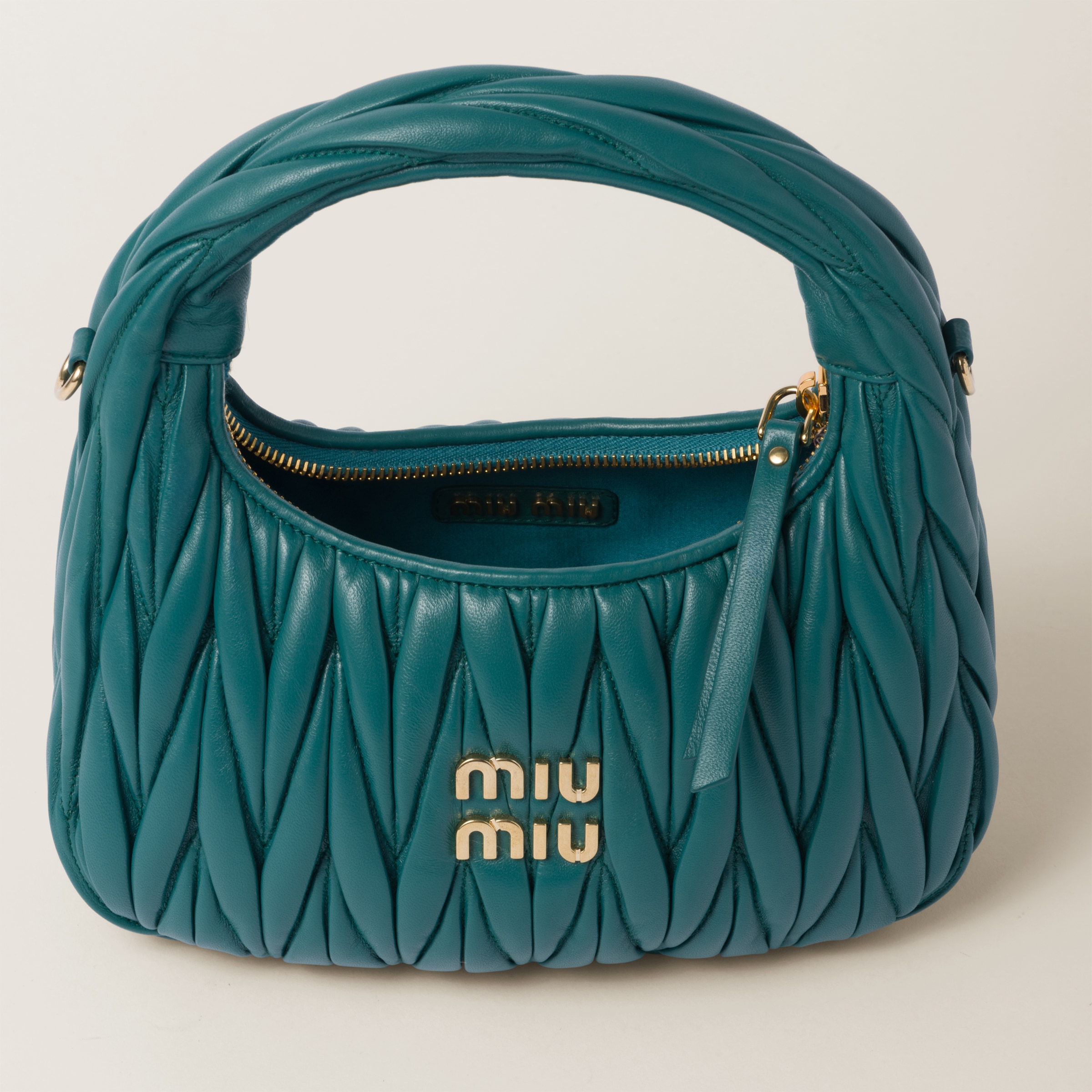 Lagoon Blue Wander Matelassé Nappa Leather Hobo Bag | Miu Miu