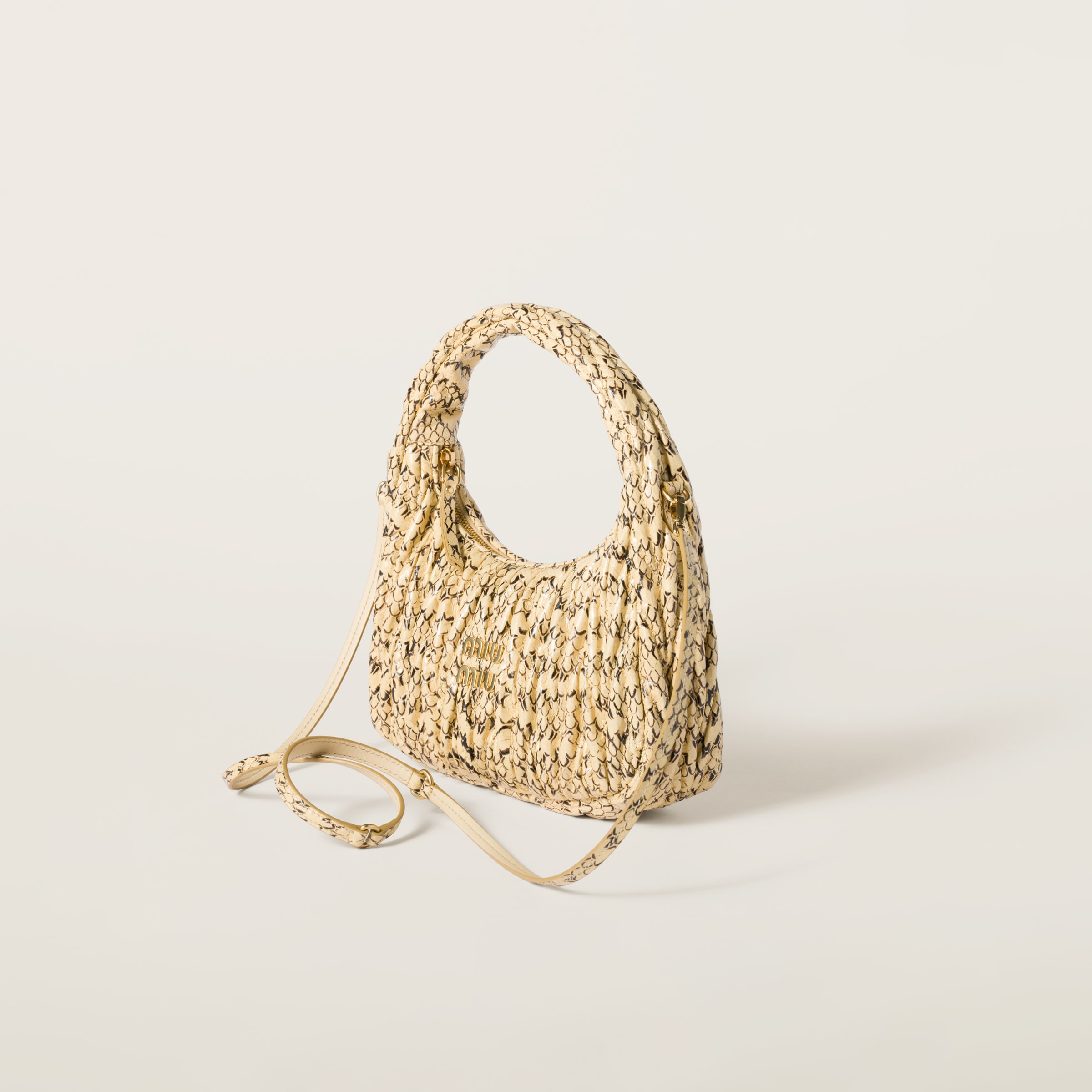 Shop Miumiu Wander Matelassé Ayers Snakeskin Hobo Bag In Waxy White