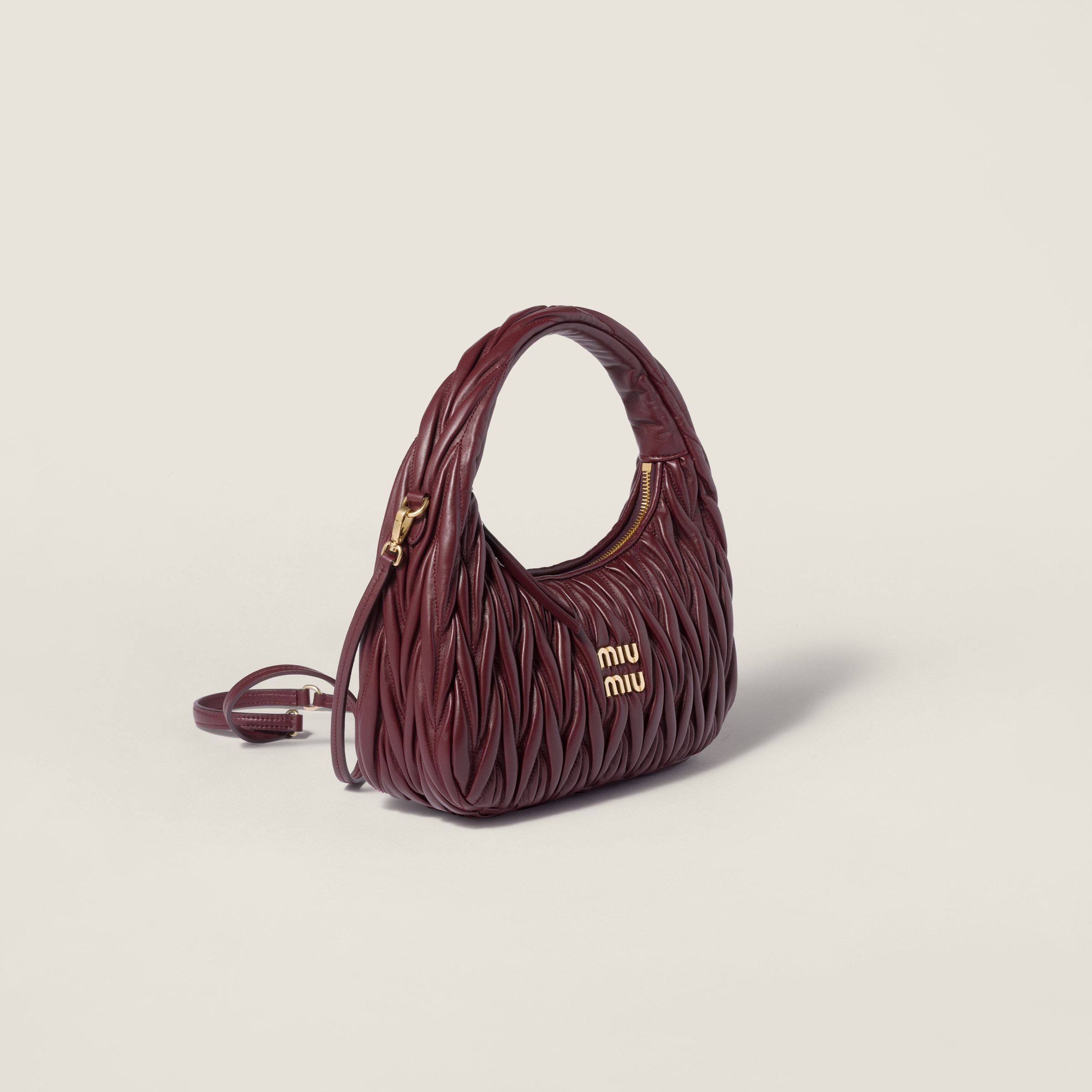 Burgundy Wander Matelassé Nappa Leather Hobo Bag | Miu Miu - Turkey