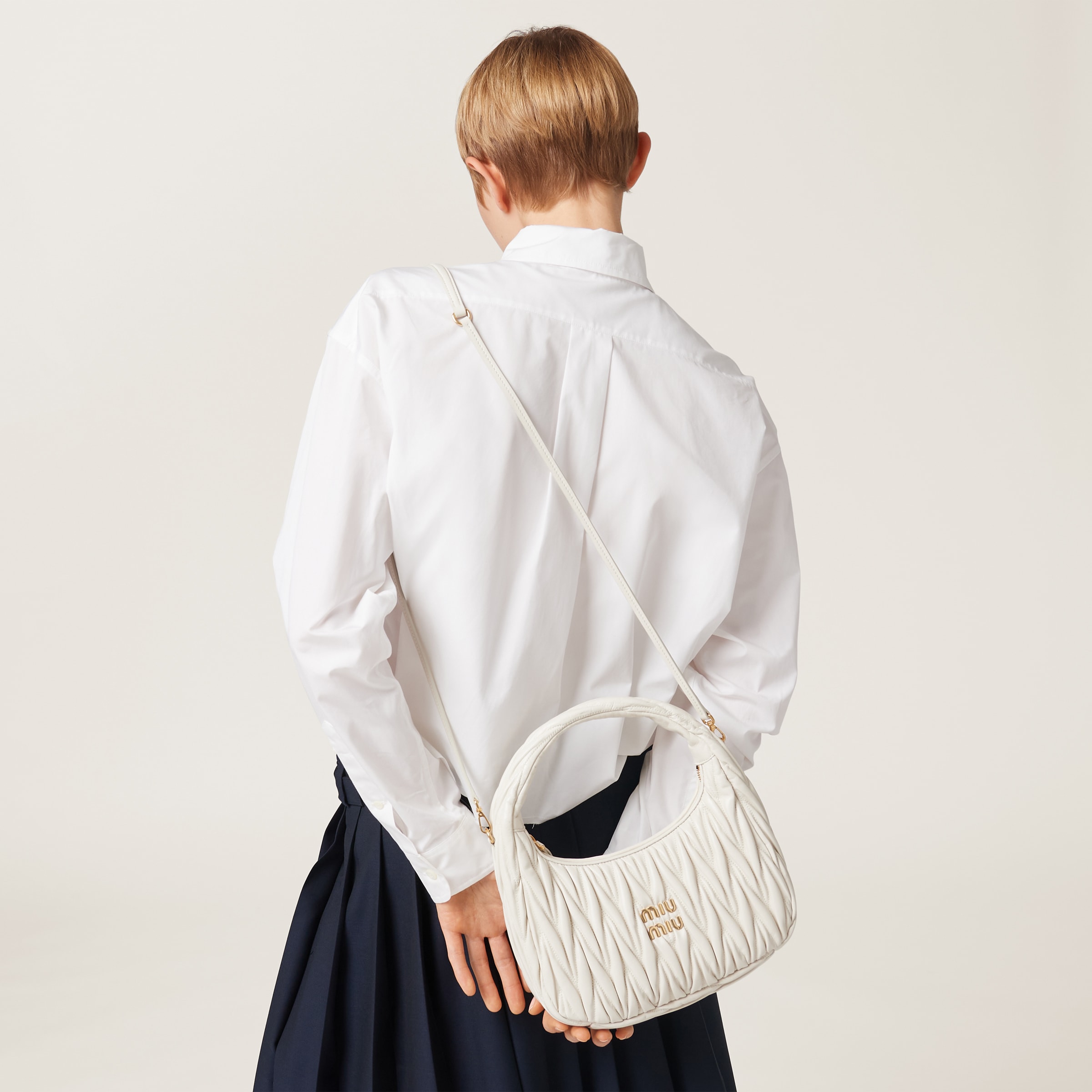 White Wander Matelasse Nappa Leather Hobo Bag Miu Miu