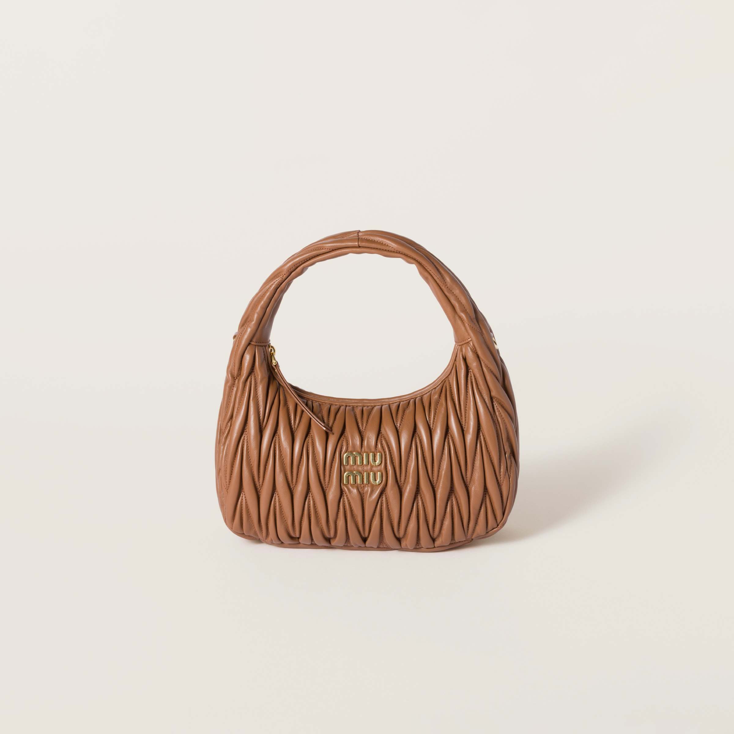 Miumiu Wander Matelassé Nappa Leather Hobo Bag In Cognac