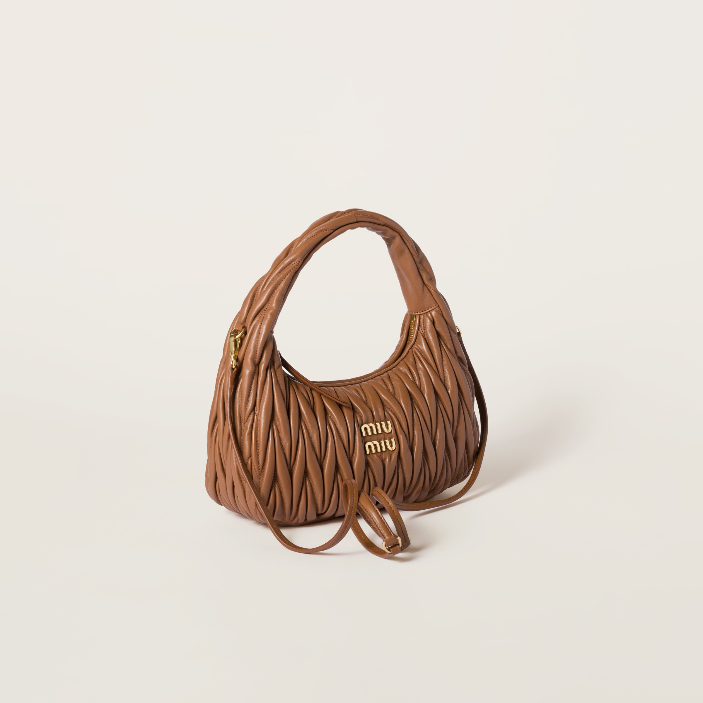 Shop Miumiu Wander Matelassé Nappa Leather Hobo Bag In Cognac