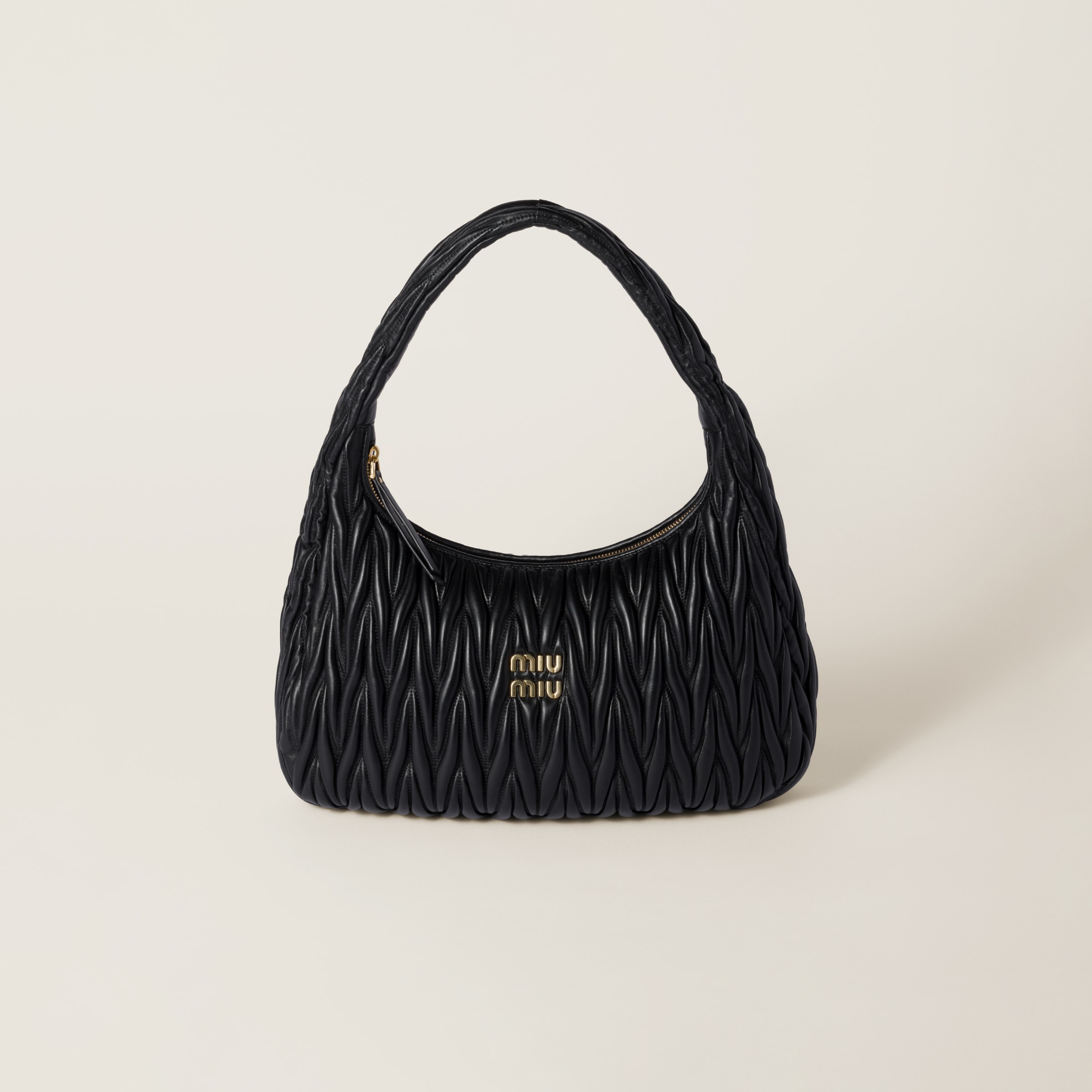Black Wander Matelassé Nappa Leather Hobo Bag | Miu Miu