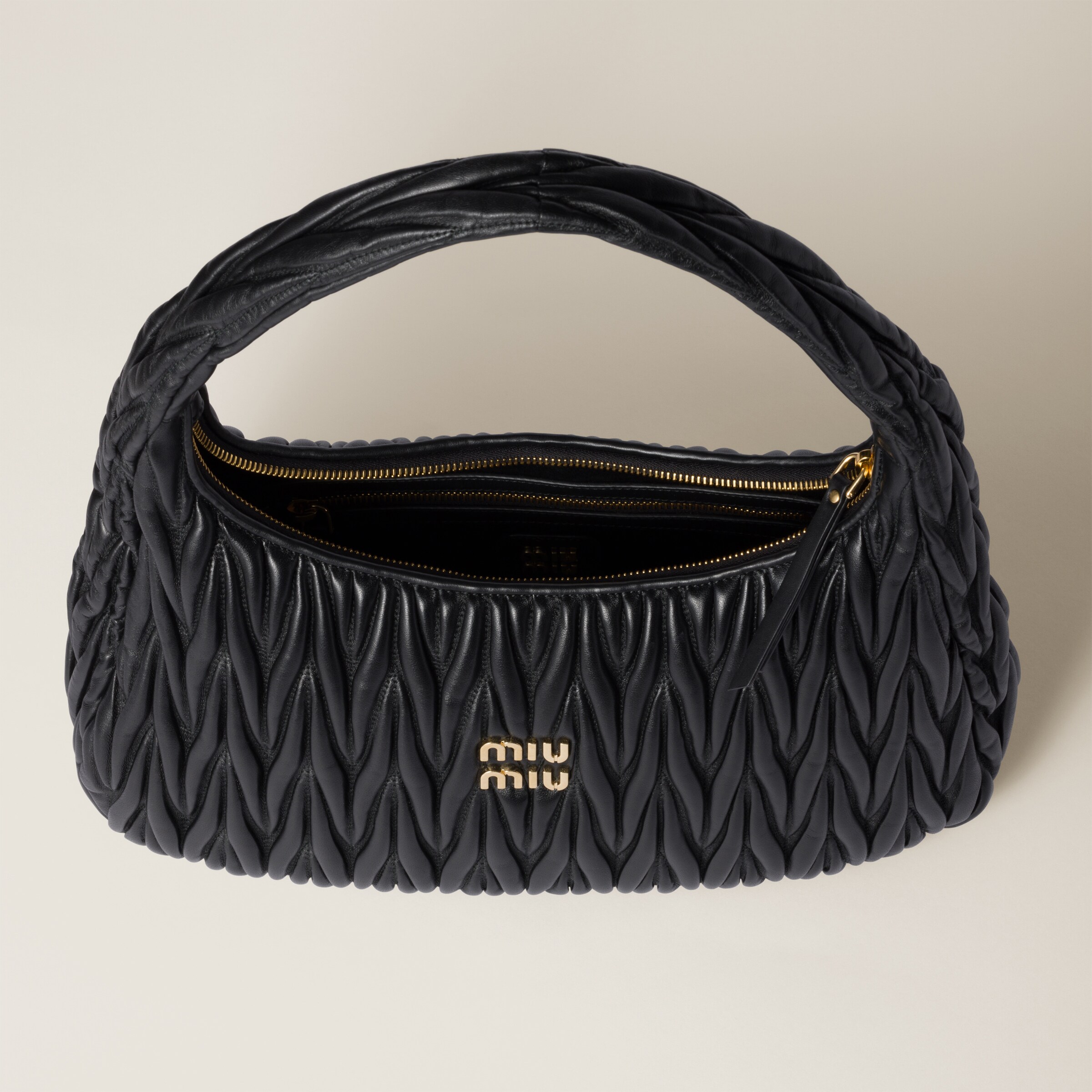 Black Wander Matelassé Nappa Leather Hobo Bag | Miu Miu