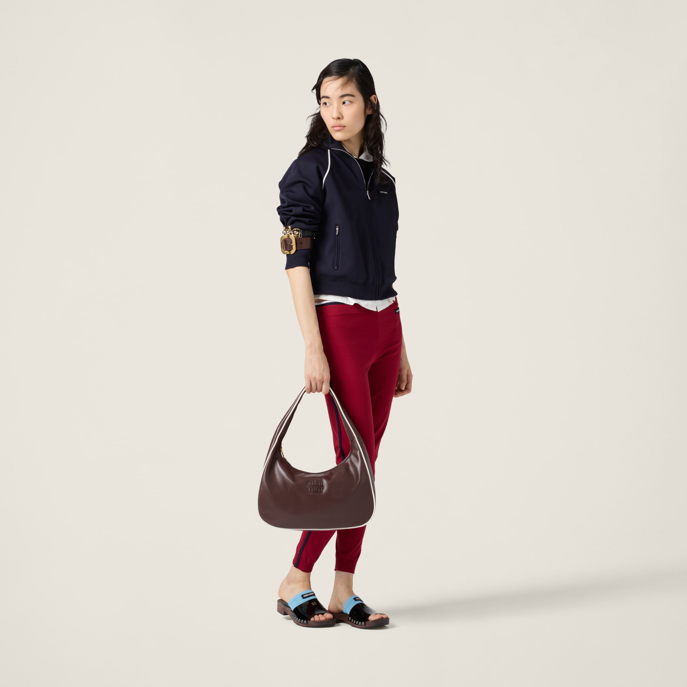 Miu Miu Leather Shoulder Bag With Contrast Piping And Curved Handle In Briarwood/white