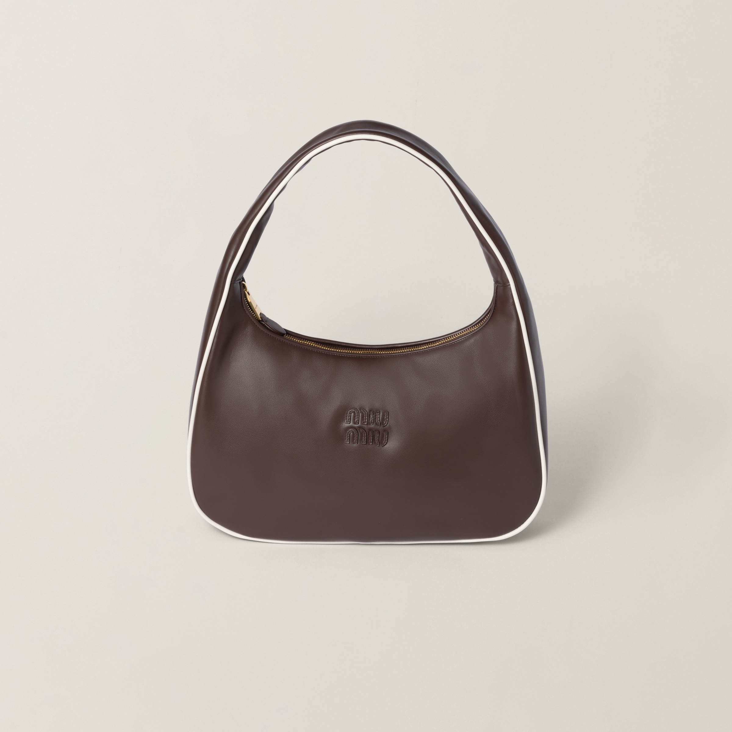 Miu Miu Leather Shoulder Bag With Contrast Piping And Curved Handle In Briarwood/white