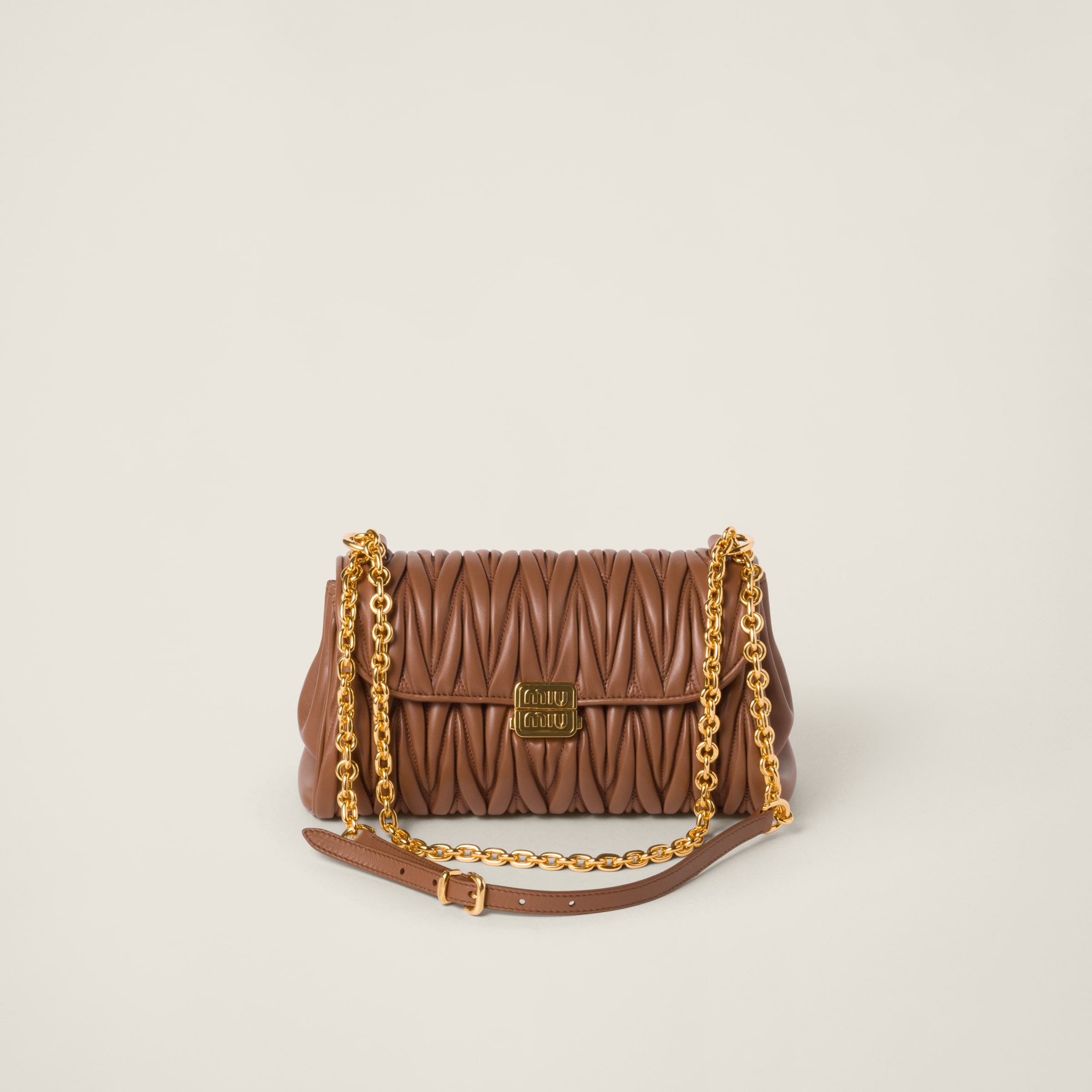 Cognac Matelassé Nappa Leather Shoulder Bag | Miu Miu