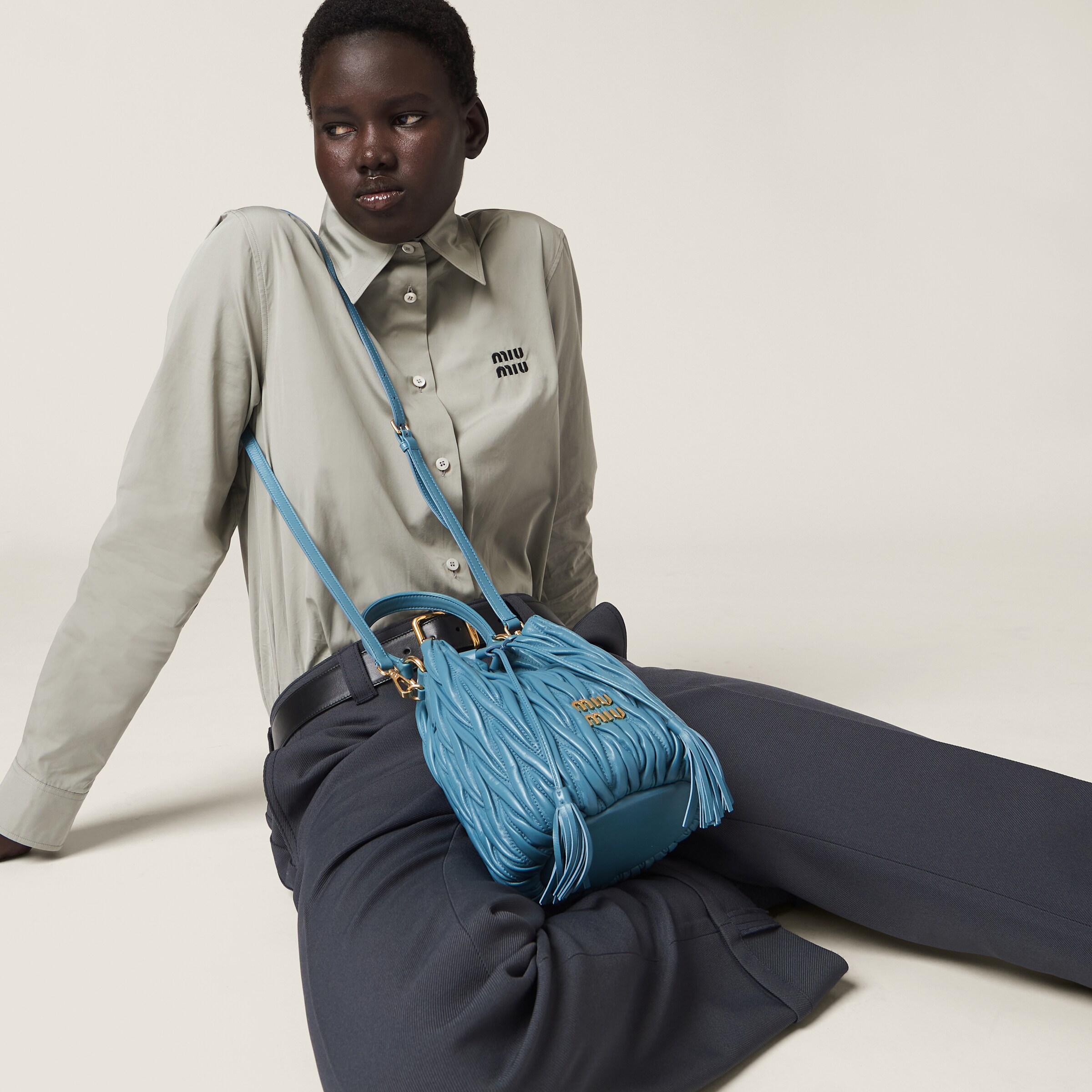 Marina Blue Matelass Nappa Leather Bucket Bag Miu Miu
