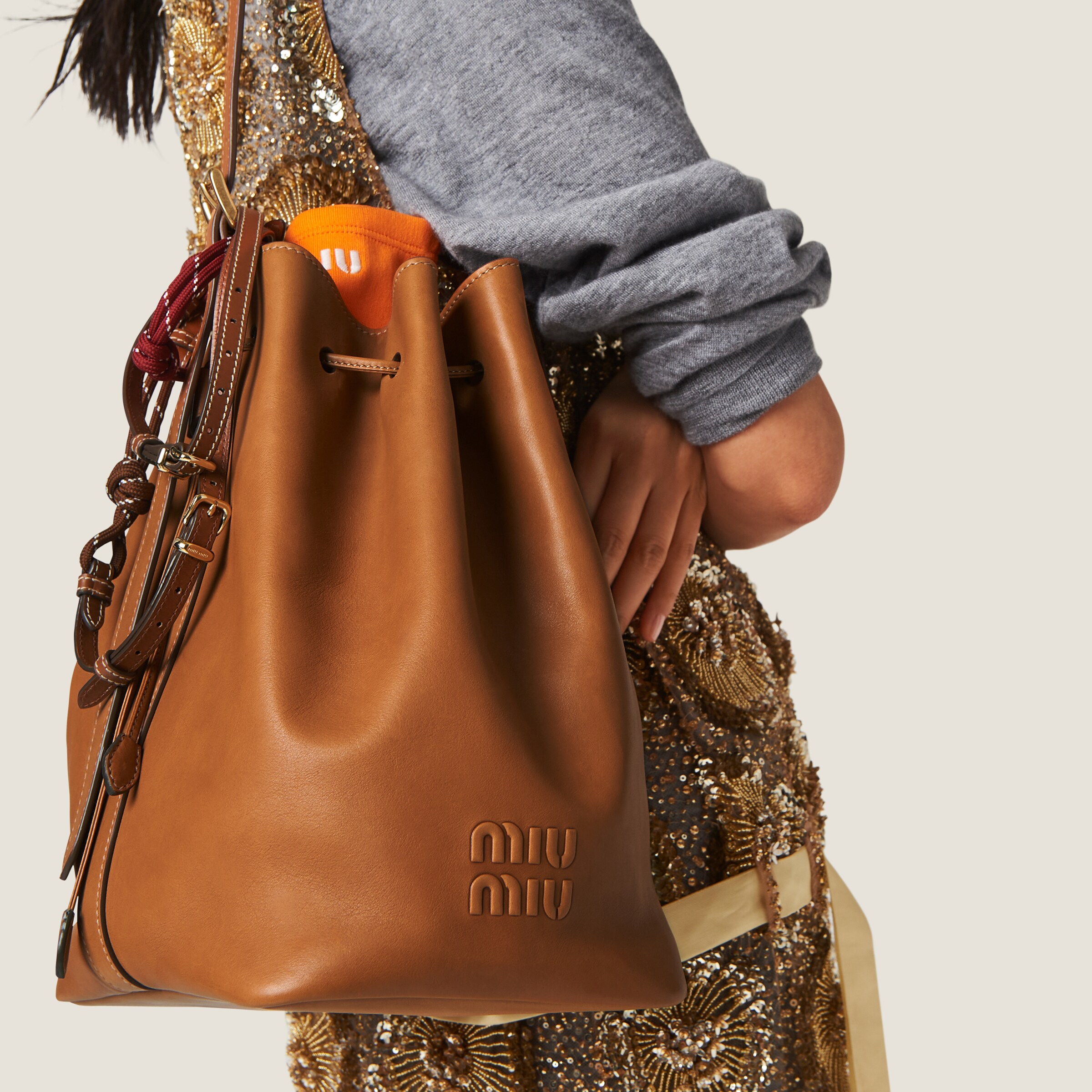 Cognac Leather Bucket Bag Miu Miu