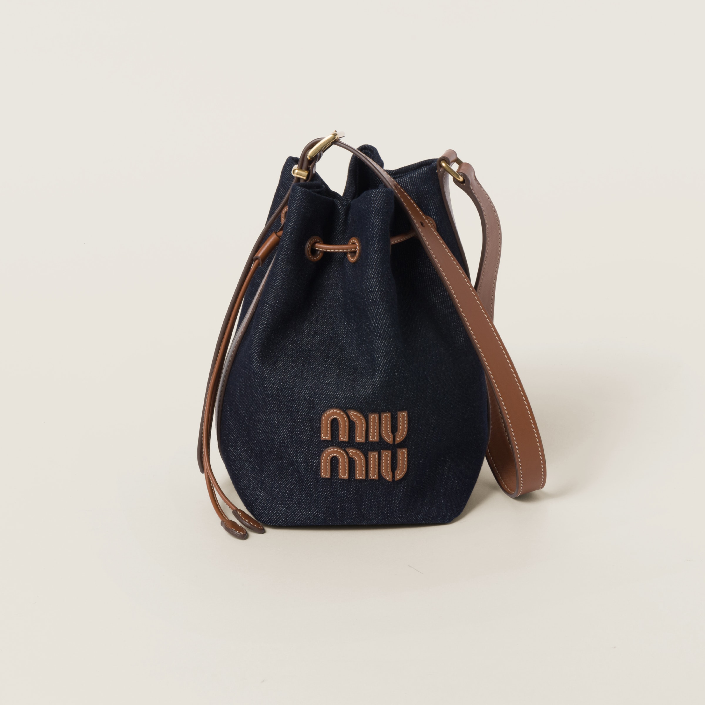 Miumiu Denim And Leather Bucket Bag In Blue/brandy