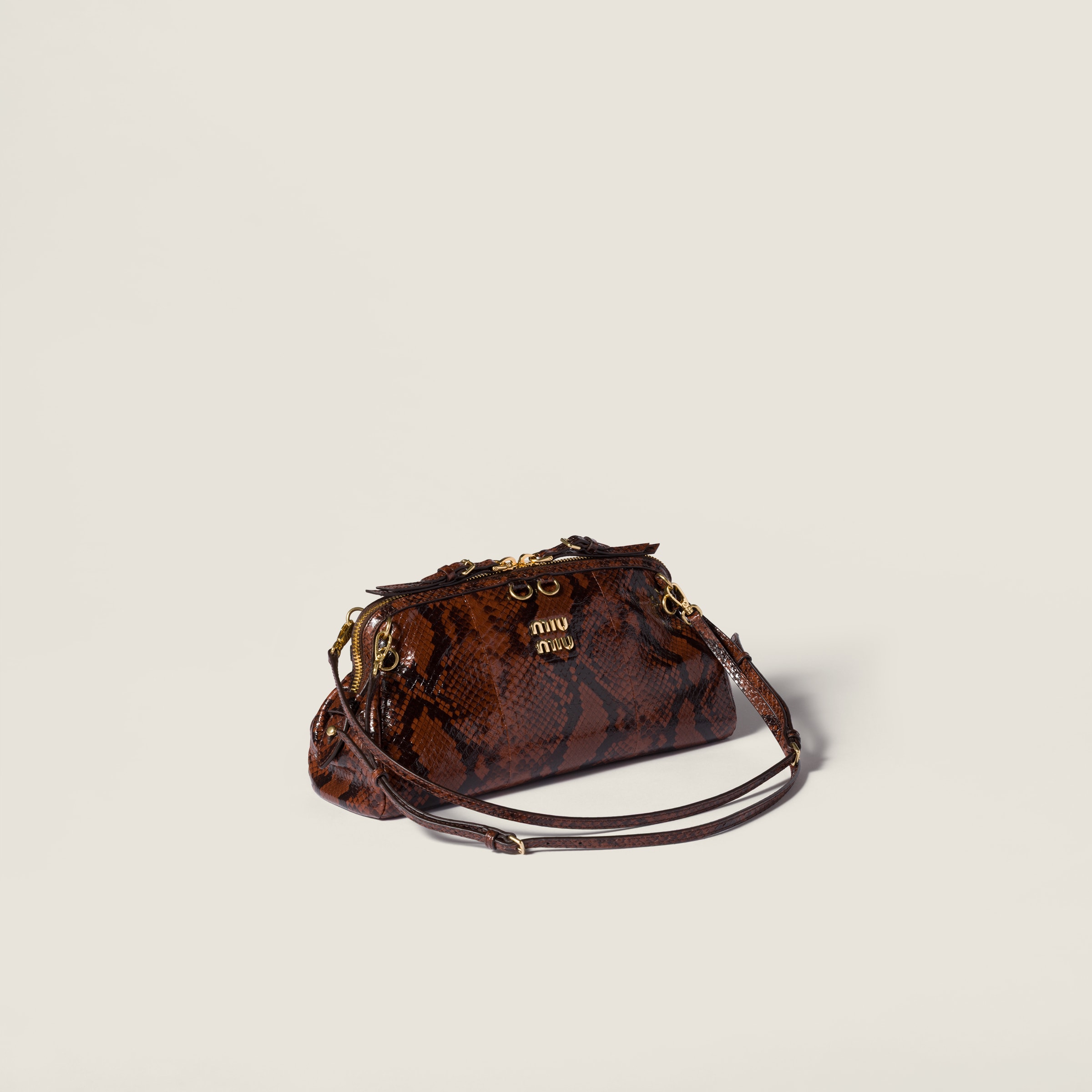 Miu Miu Python-print Ayers Leather Clutch In Brown