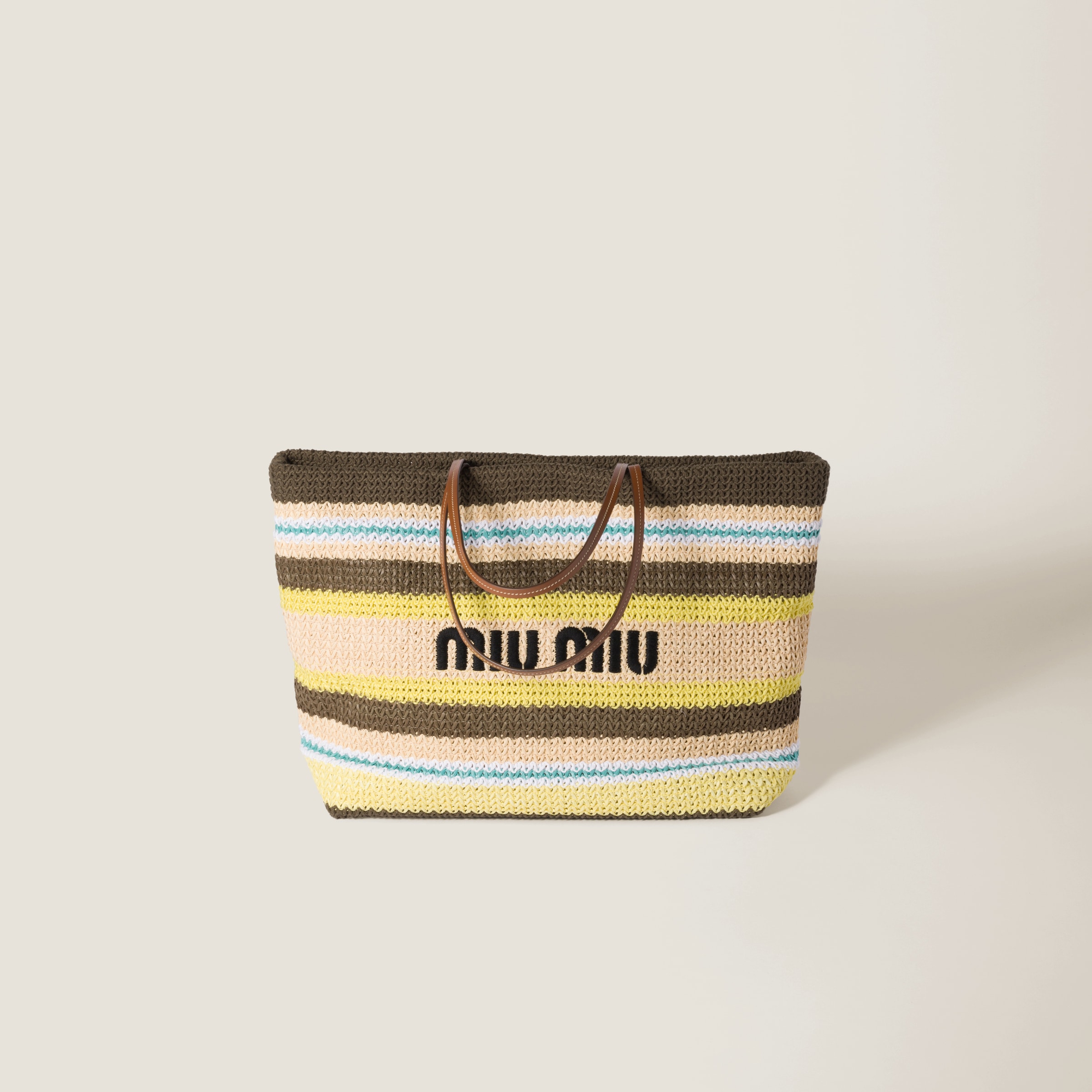 Miu Miu Raffia-effect Woven Tote Bag In Tundra/lemon Yellow/natural