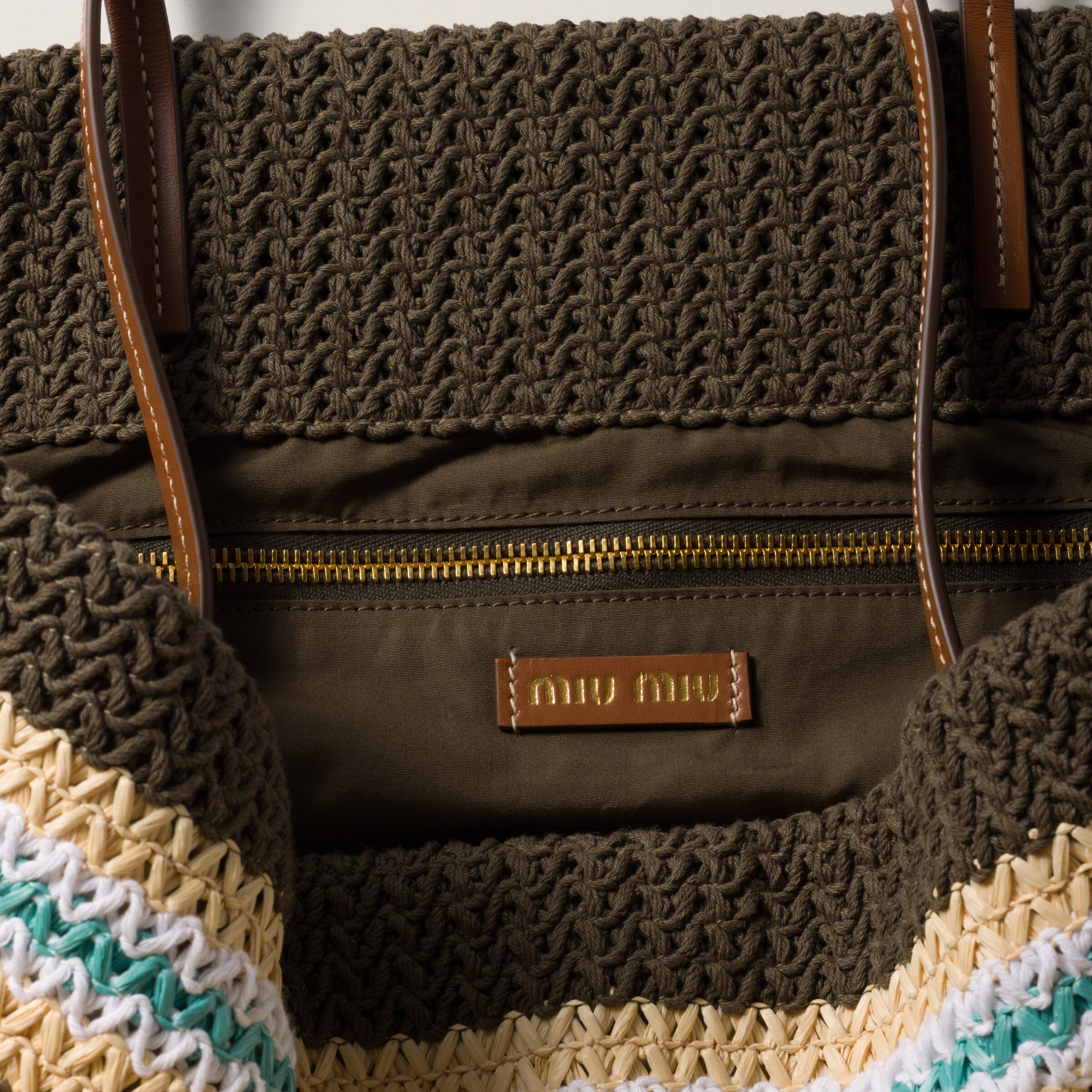 Miu Miu｜ (5BG228 2DO3 F04EM) Cocoa Brown/celeste/natural Raffia-effect Woven Tote Bag