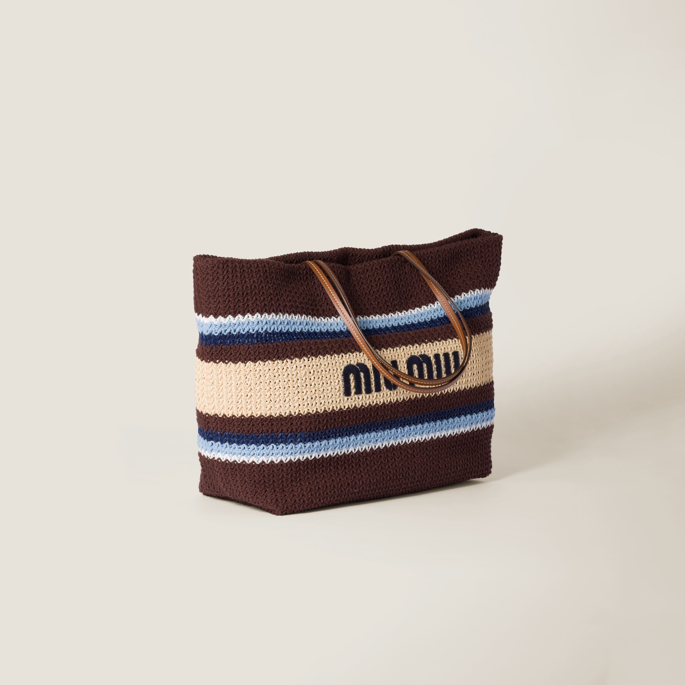 Cocoa Brown/celeste/natural Raffia-effect Woven Tote Bag