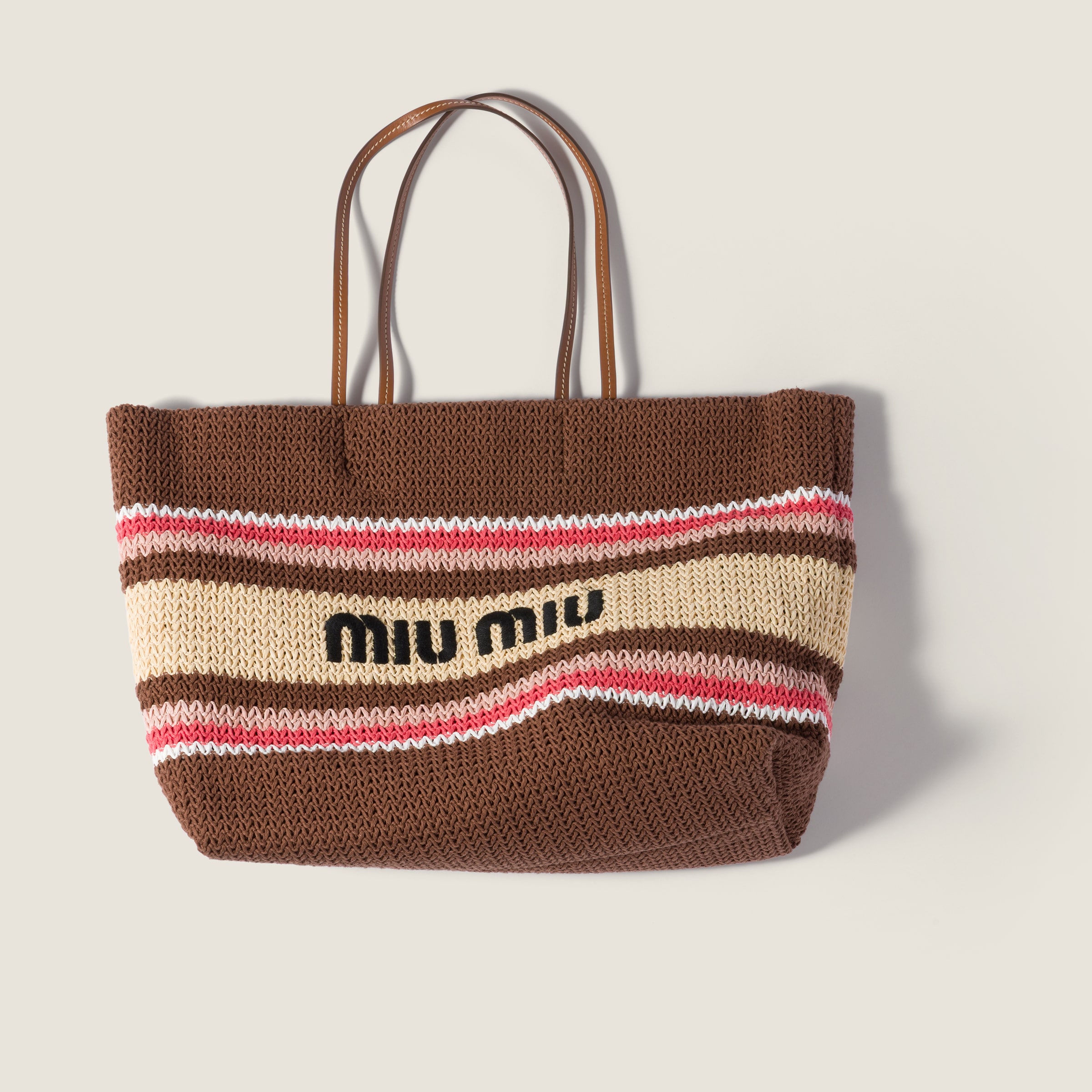Tobacco/strawberry/natural Raffia-effect Woven Tote Bag | Miu Miu