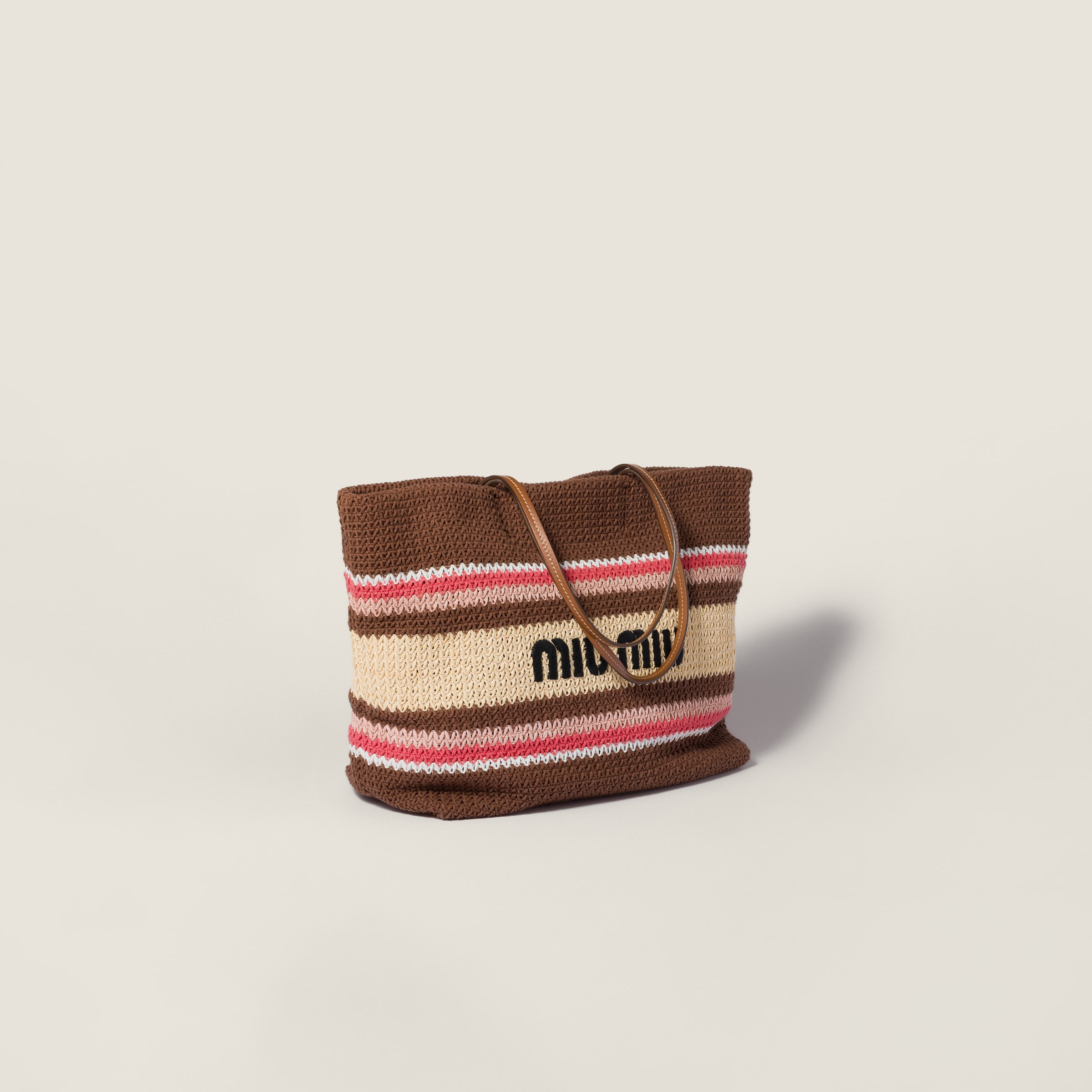 Tobacco/strawberry/natural Raffia-effect Woven Tote Bag | Miu Miu