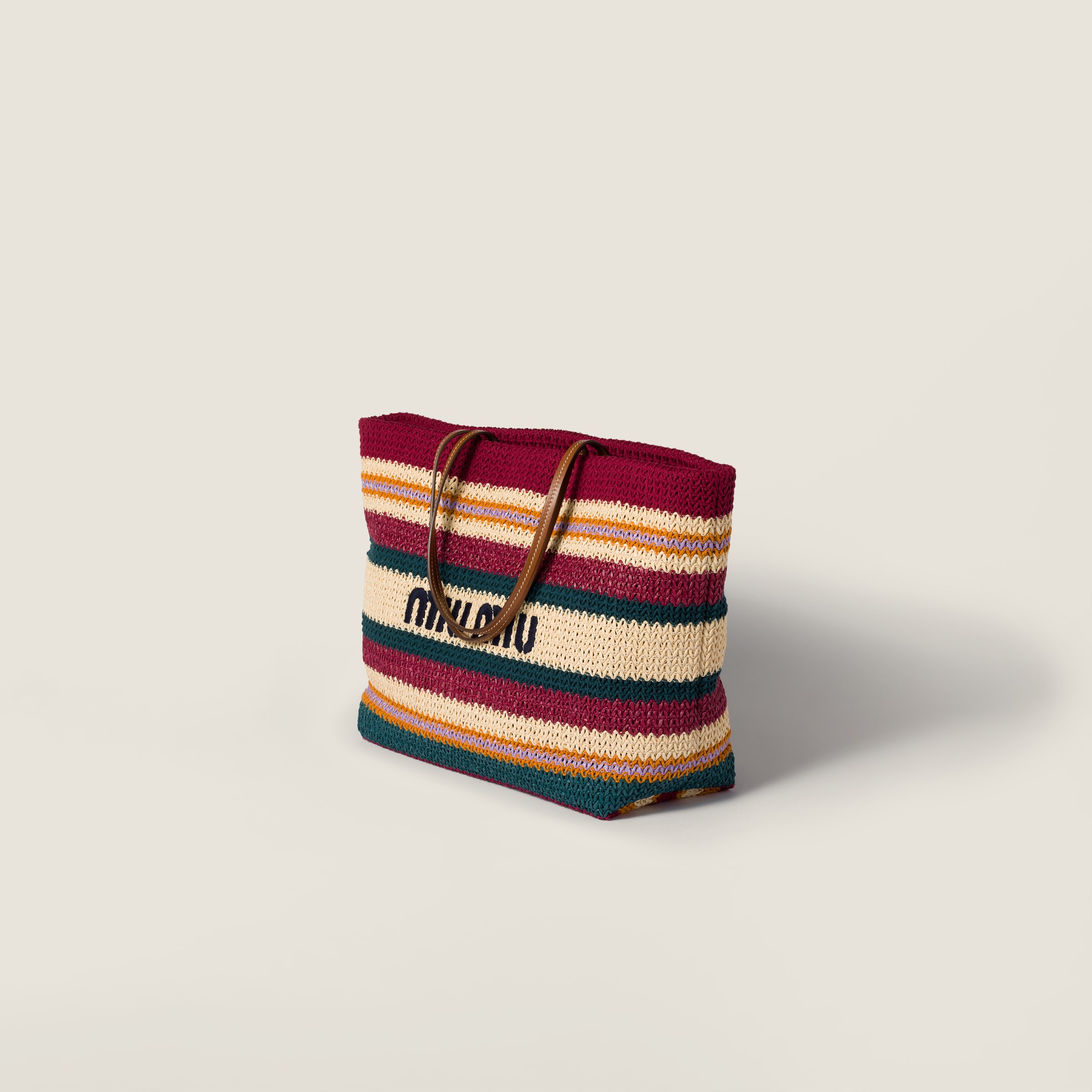 Bordeaux/teal/natural Raffia-effect Woven Tote Bag | Miu Miu