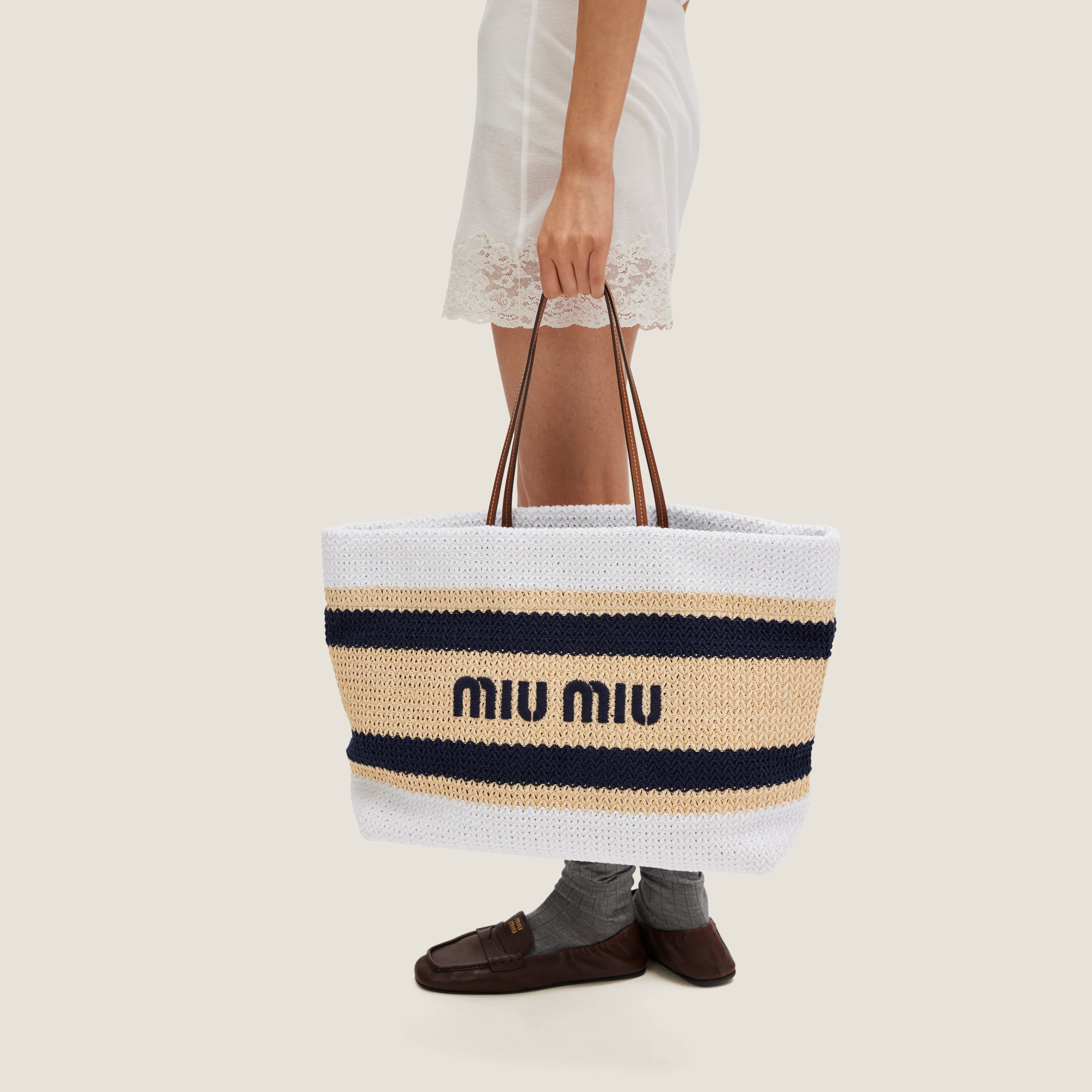 Tan/white Raffia-effect Woven Tote Bag | Miu Miu