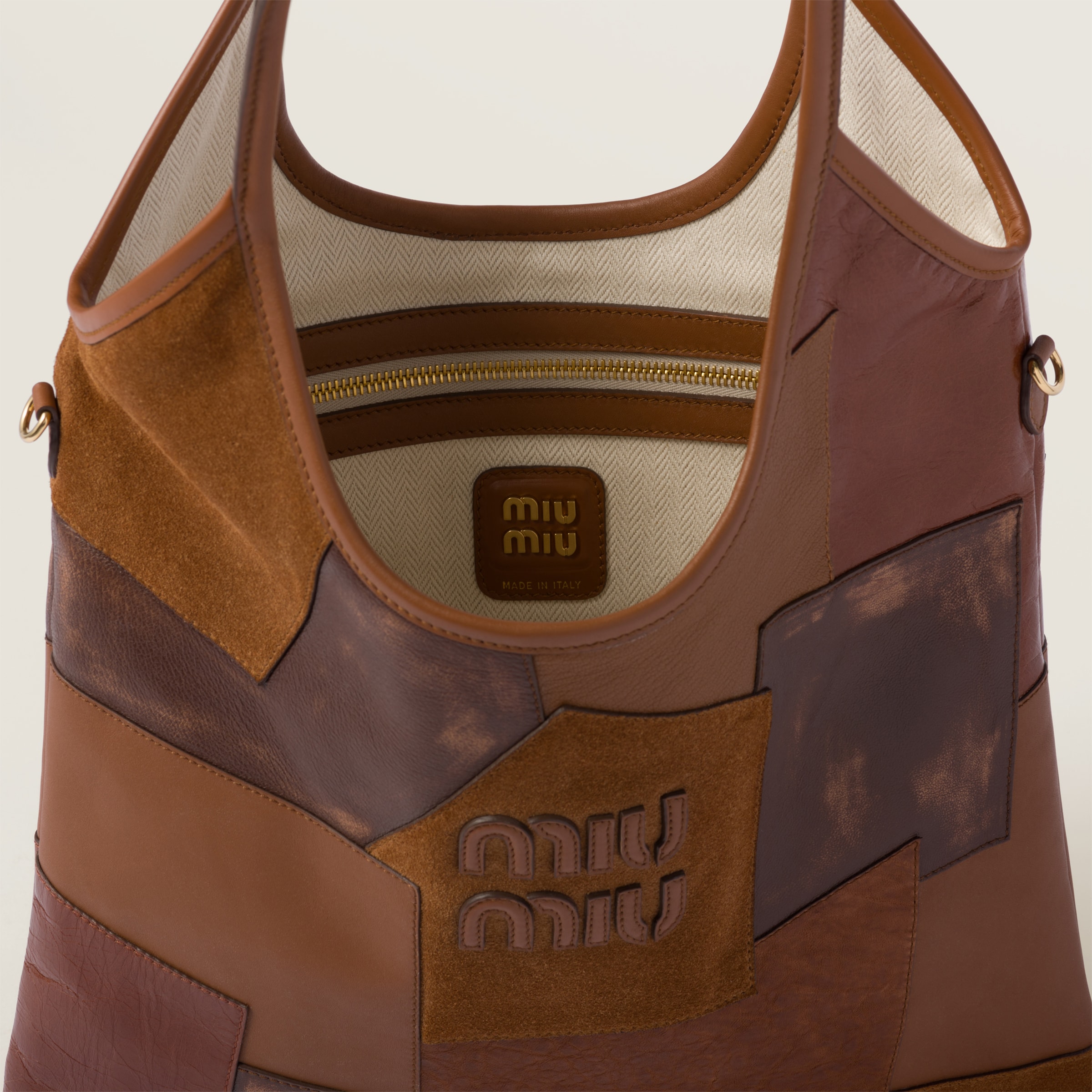 MIUMIU 26S IVY TOTE BAG 60 IN  COGNAC CALFSKIN PATCHWORK GOLD HARDWARE