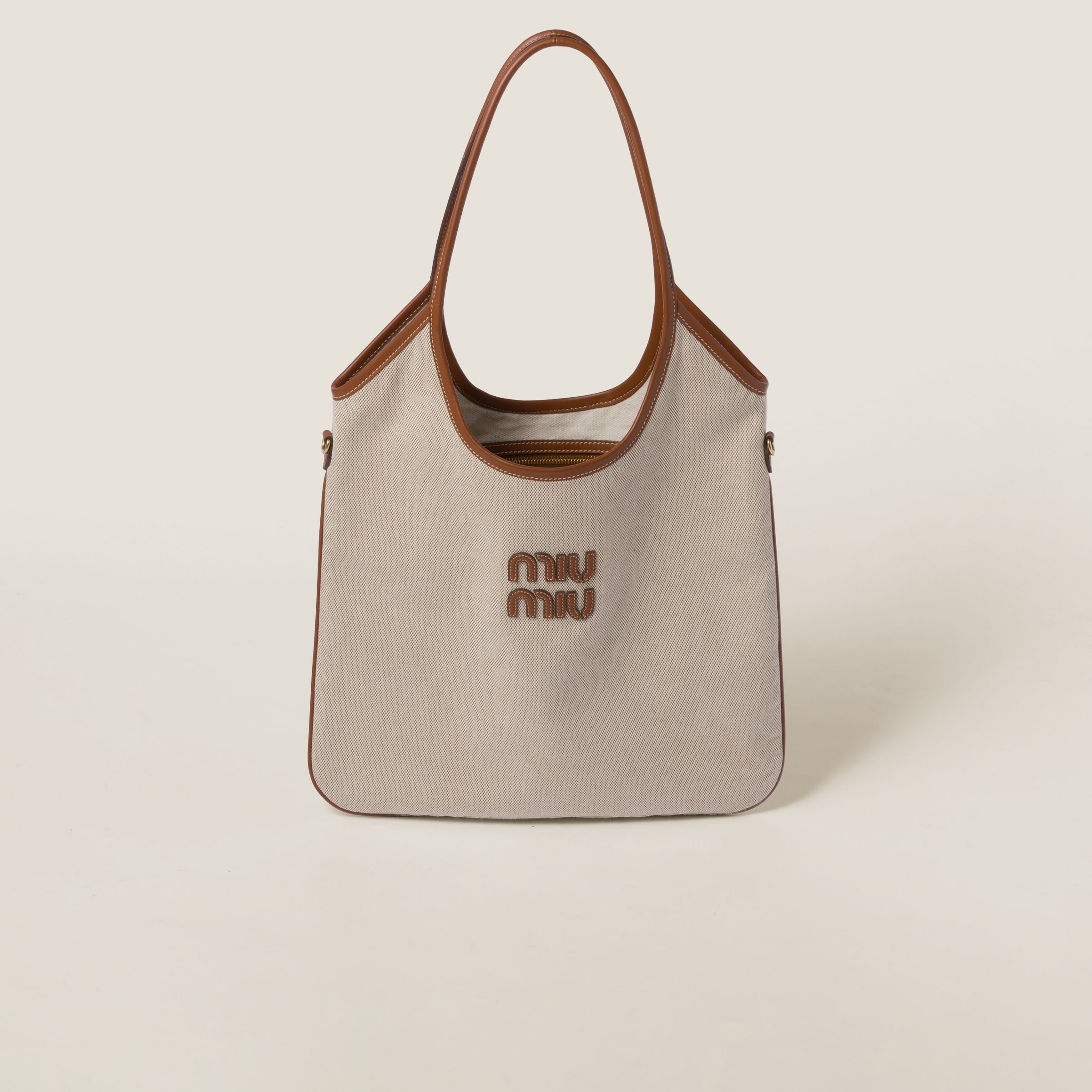 Miumiu Ivy Canvas Bag In Beige/brandy