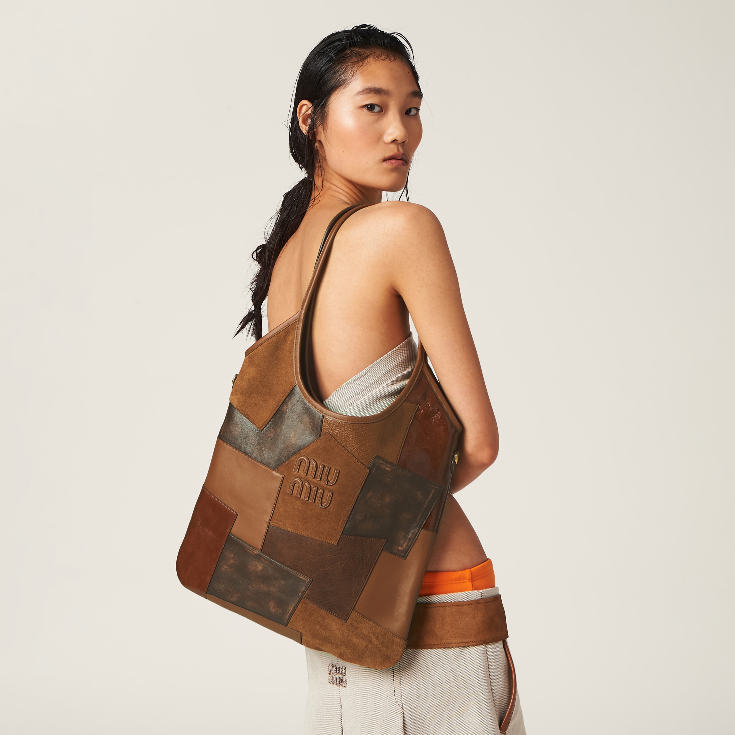 Cognac Ivy Leather Patchwork Bag Miu Miu