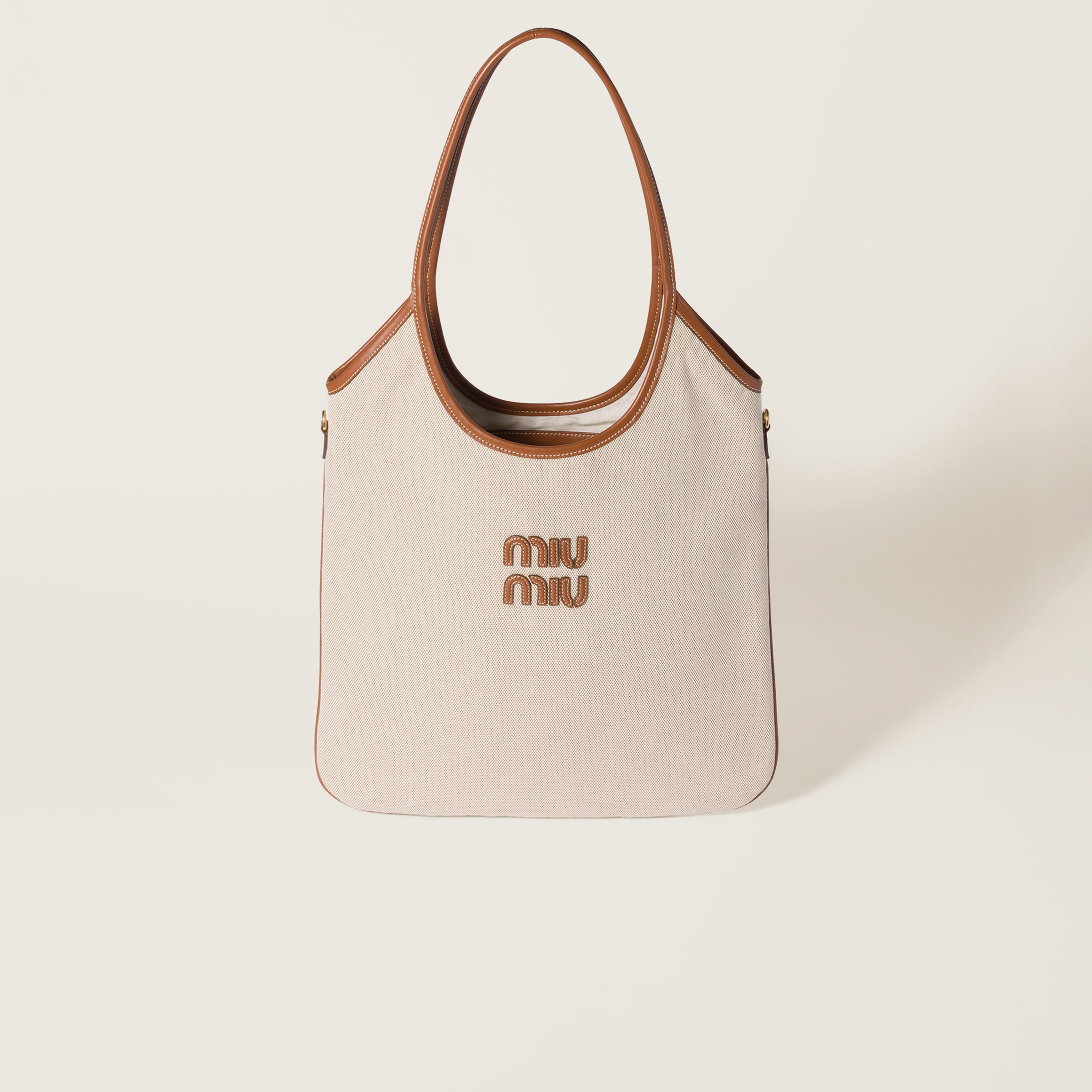 Miu Miu Ivy Canvas And Leather Bag In Beige/brandy