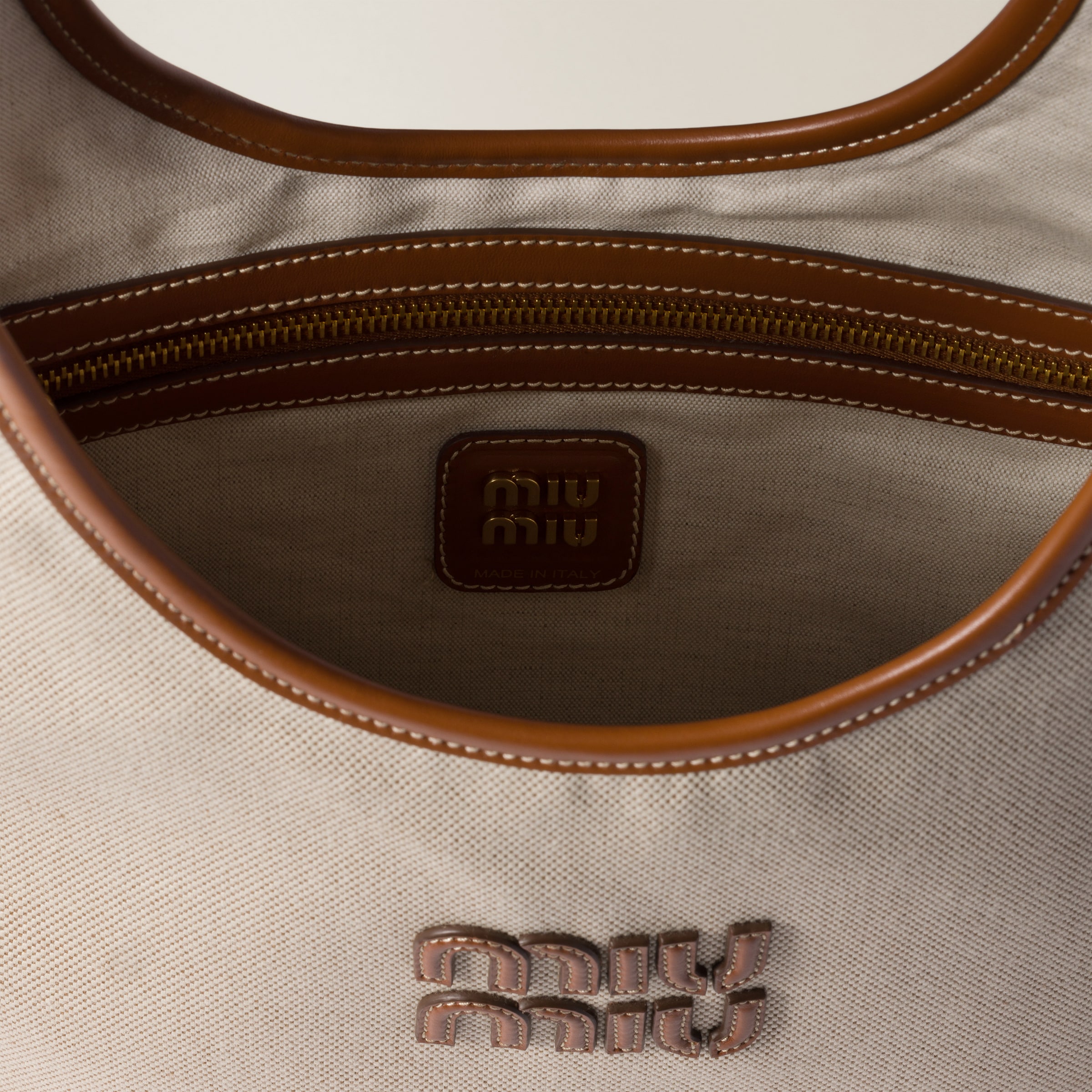 Miu Miu Ivy Canvas And Leather Bag In Beige/brandy