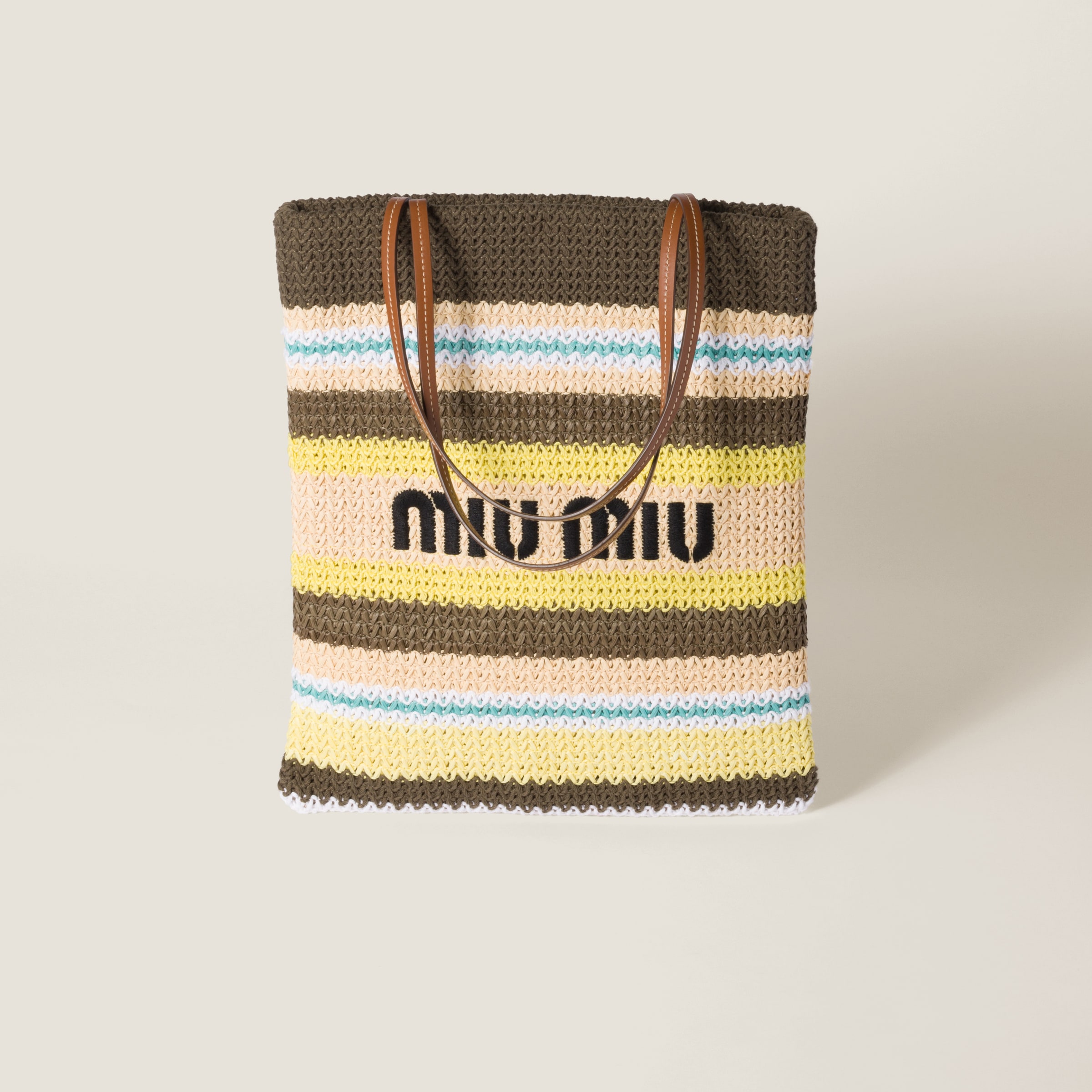 Miu Miu Raffia-effect Woven Tote Bag In Tundra/lemon Yellow/natural